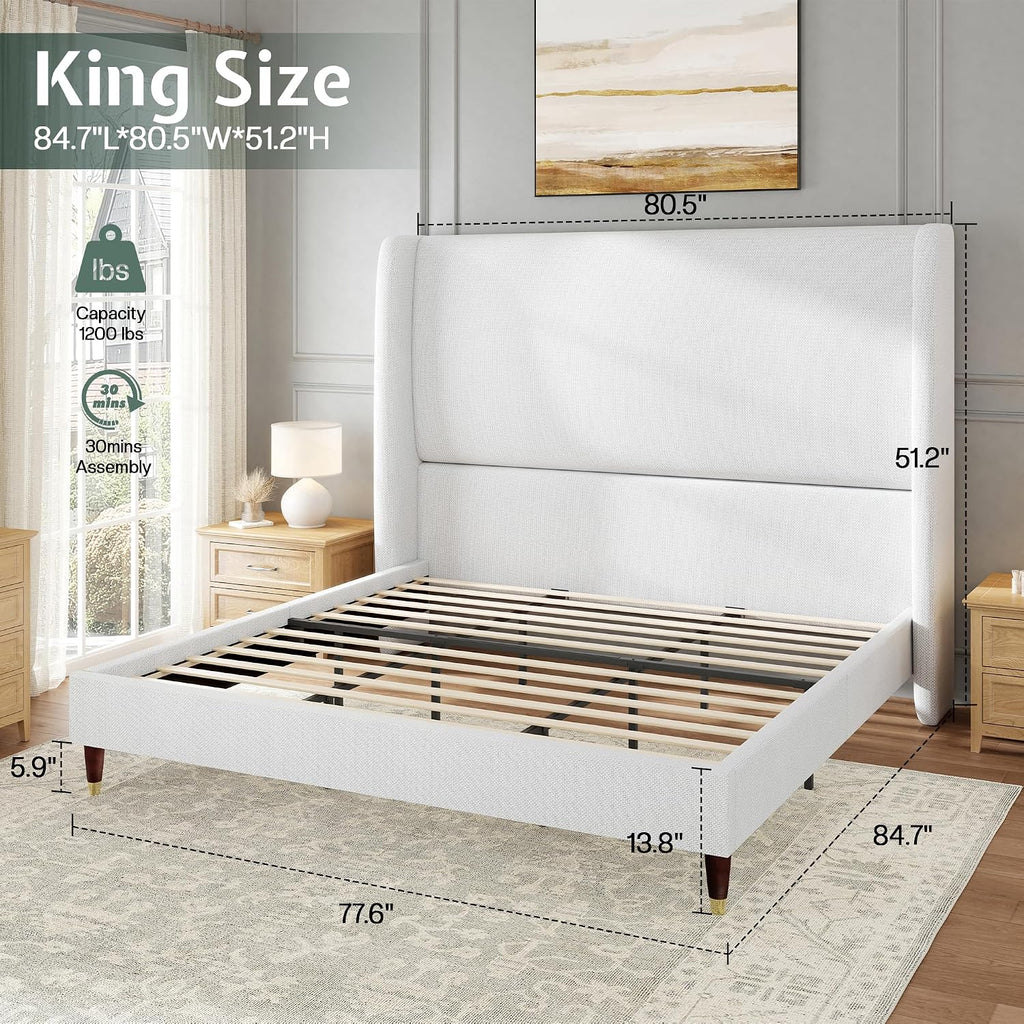 Jocisland King Size Bed Frame 51.2' Wingback Headboard Linen Upholstered Platform Bed with Solid Wood Legs & Wooden Slats, No Box Spring Needed, Modern Minimalist Style, Easy Assembly, White