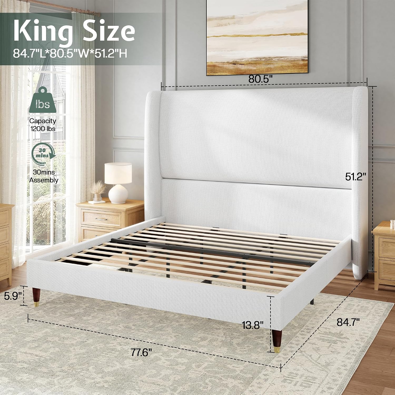 Jocisland King Size Bed Frame 51.2' Wingback Headboard Linen Upholstered Platform Bed with Solid Wood Legs & Wooden Slats, No Box Spring Needed, Modern Minimalist Style, Easy Assembly, White