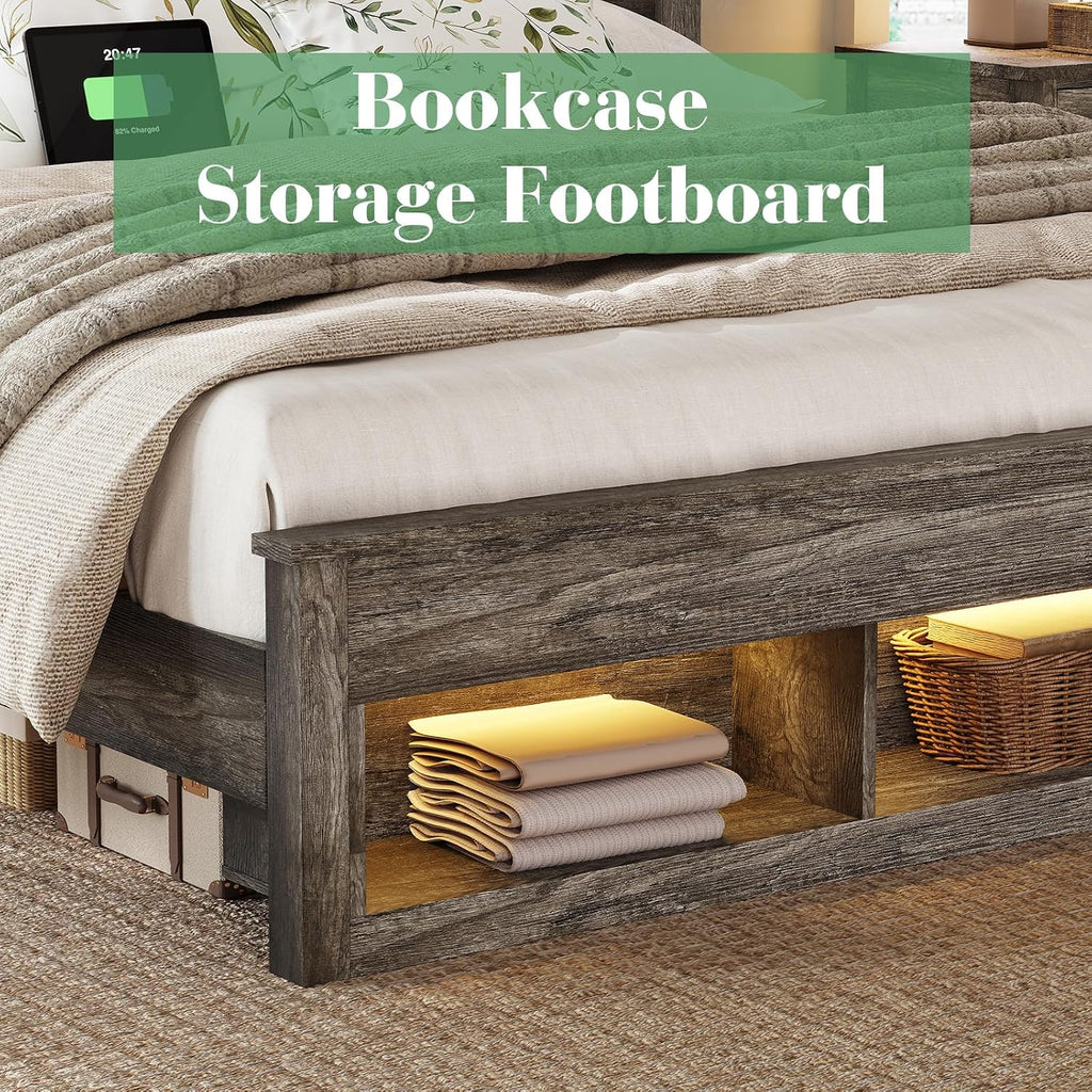 Albott Farmhouse Full Size Bed Frame with Storage/Bookcase Headboard & Footboard, Wood Platform Bed with LED Lights/Charging Station, Heavy-Duty Metal Support/No Box Spring Needed/Noise-Free, Gray