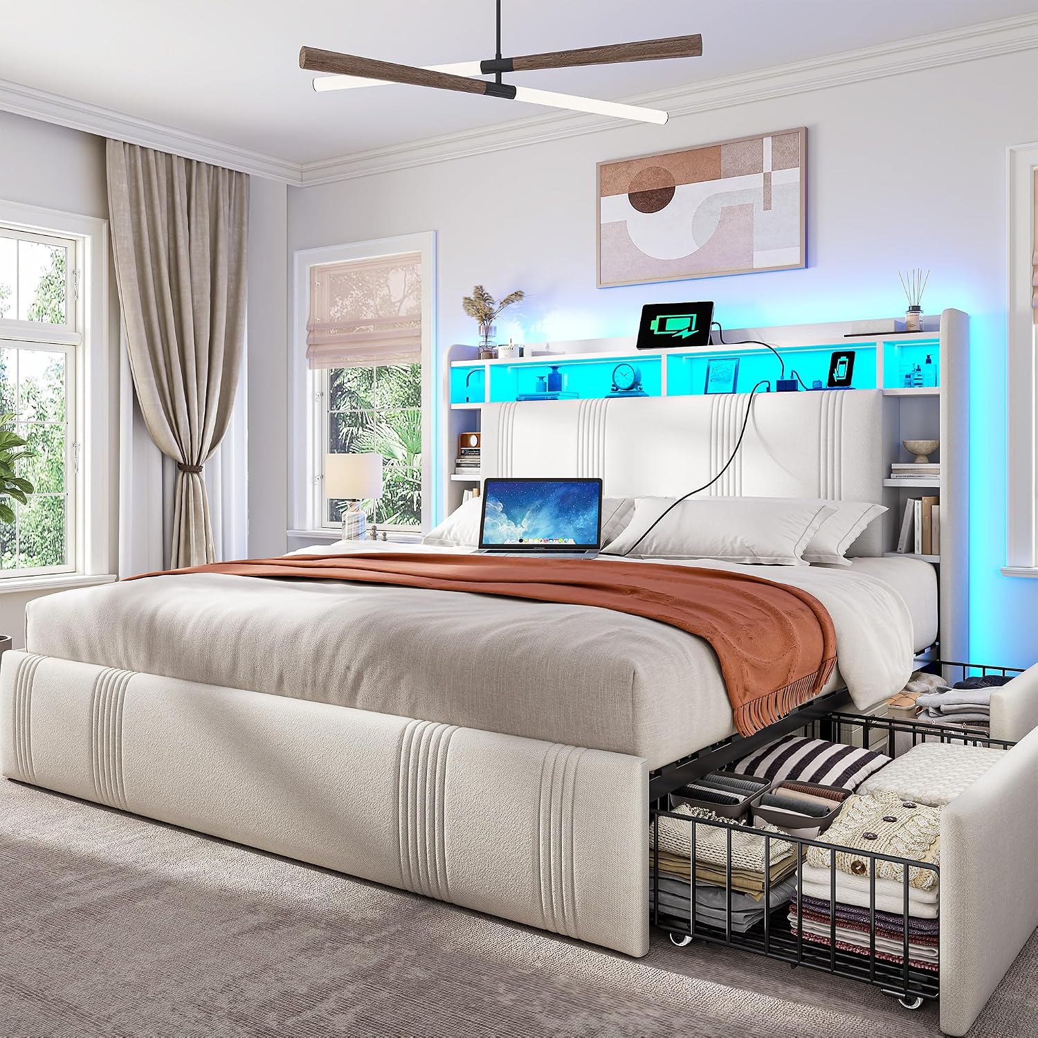 EnHomee Queen Bed Frame with 4 Storage Drawers and Headboard Shelf Upholstered Bed Frame Queen Size with LED & Charging Station, Noise Free No Box Spring Needed, Beige