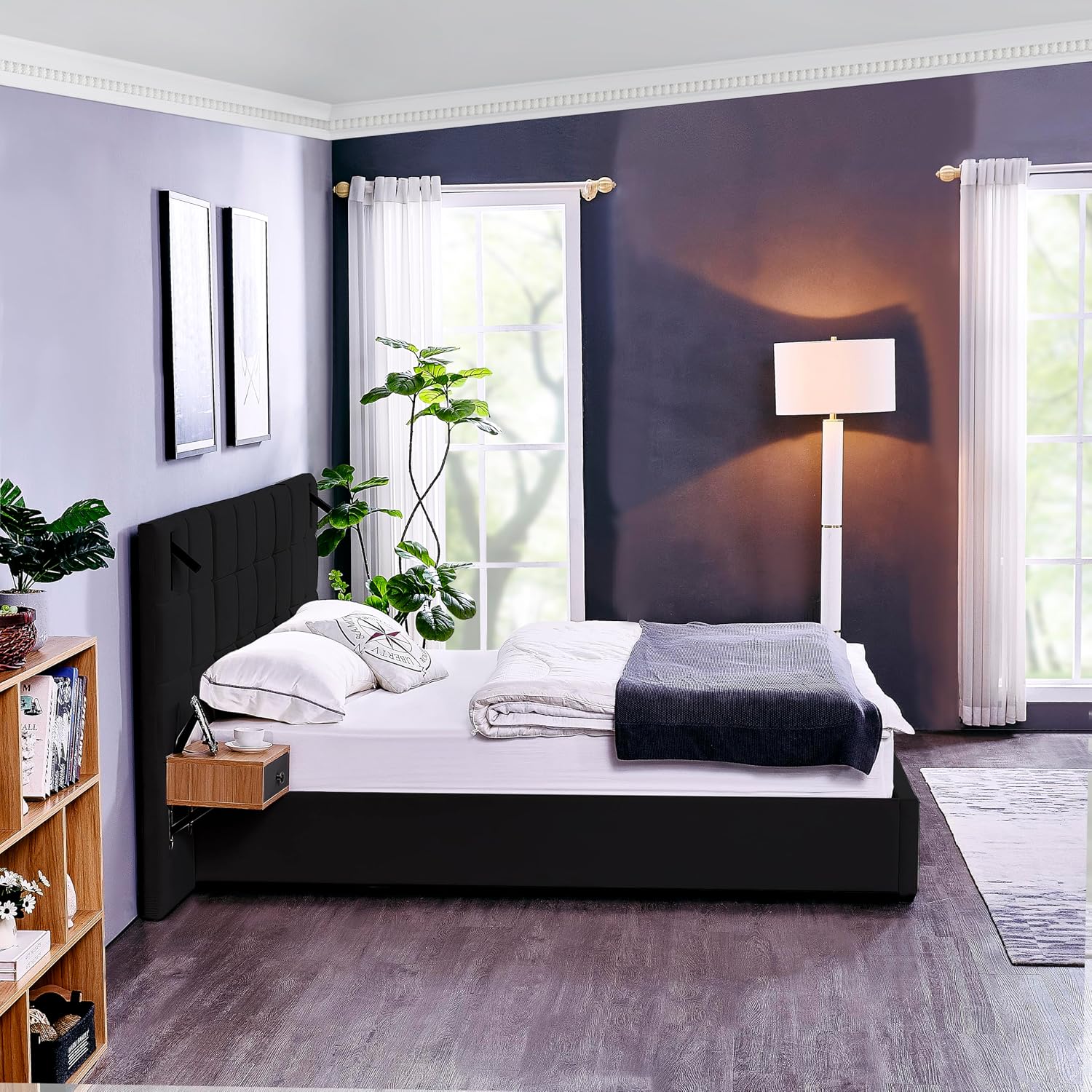 Luxury Velvet King Size Bed Frame with Hydraulic Lift and Storage, Built-in LED Lights, USB Charging Station & 2 Shelves, No Box Spring Needed Platform Bed (Black)