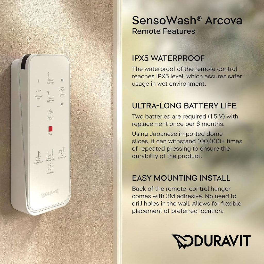 Duravit Sensowash Arcova Elongated Electric Slim Bidet Toilet Seat, Instant Warm Water, Air Dryer, Deodorizer, Heated Slow Close Seat, Stainless Steel Wand, Night Light, Remote Control, White - 600008