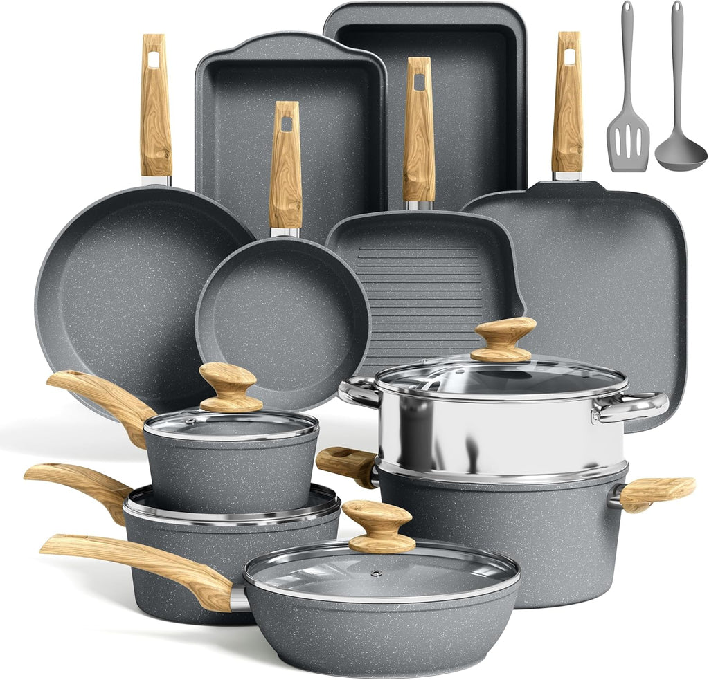 Kitchen Academy Granite Pots and Pans Set Non Stick - 17 Piece Nonstick Cookware Set, Induction Gray Cooking Pans Set, PFOA & PFOS Free.