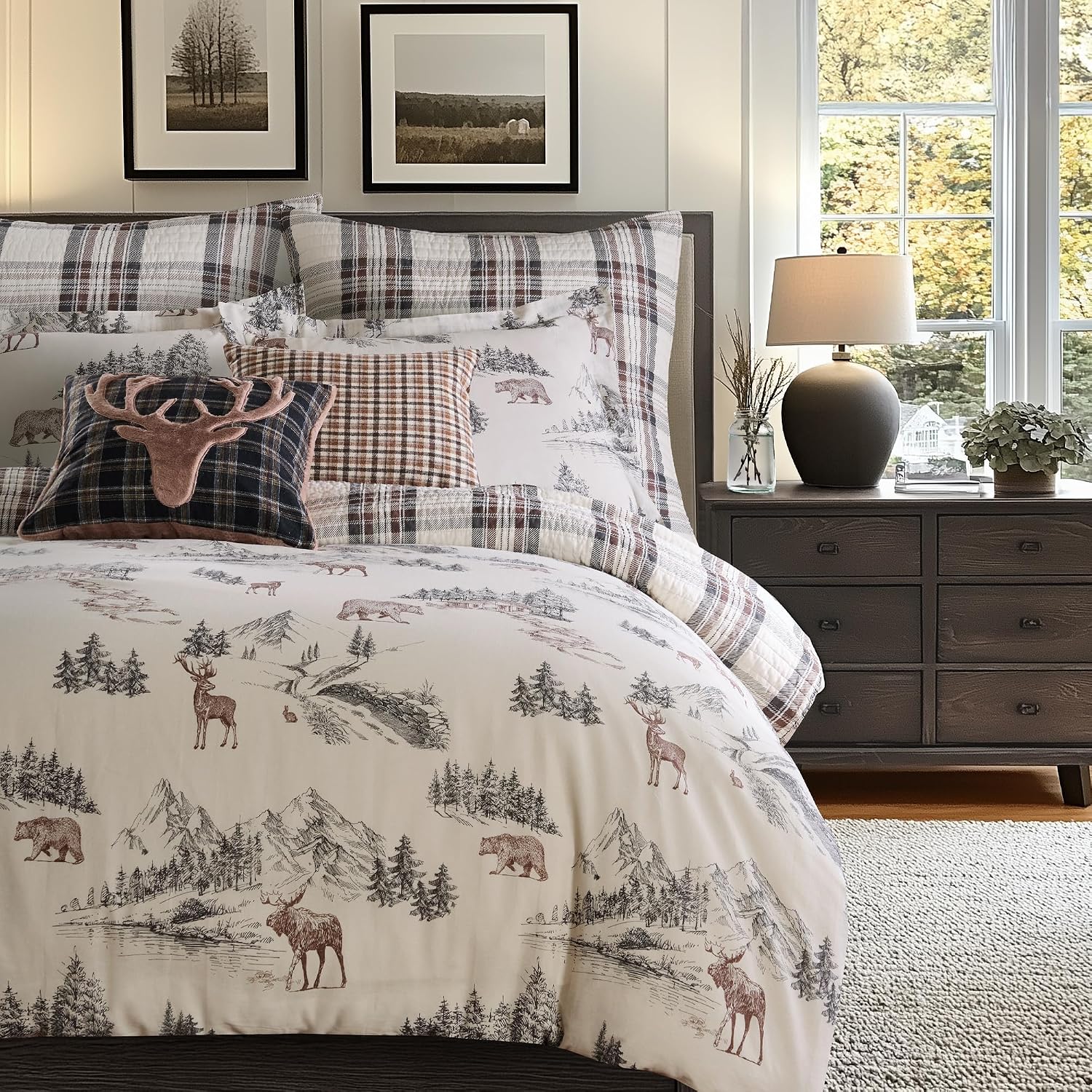 Levtex Home - Lodge Toile Duvet Cover Set - King Duvet Cover (106 x 94in.) Two King Pillow Cases (36 x 20in.) - Toile - Brown Ivory Charcoal - Cotton