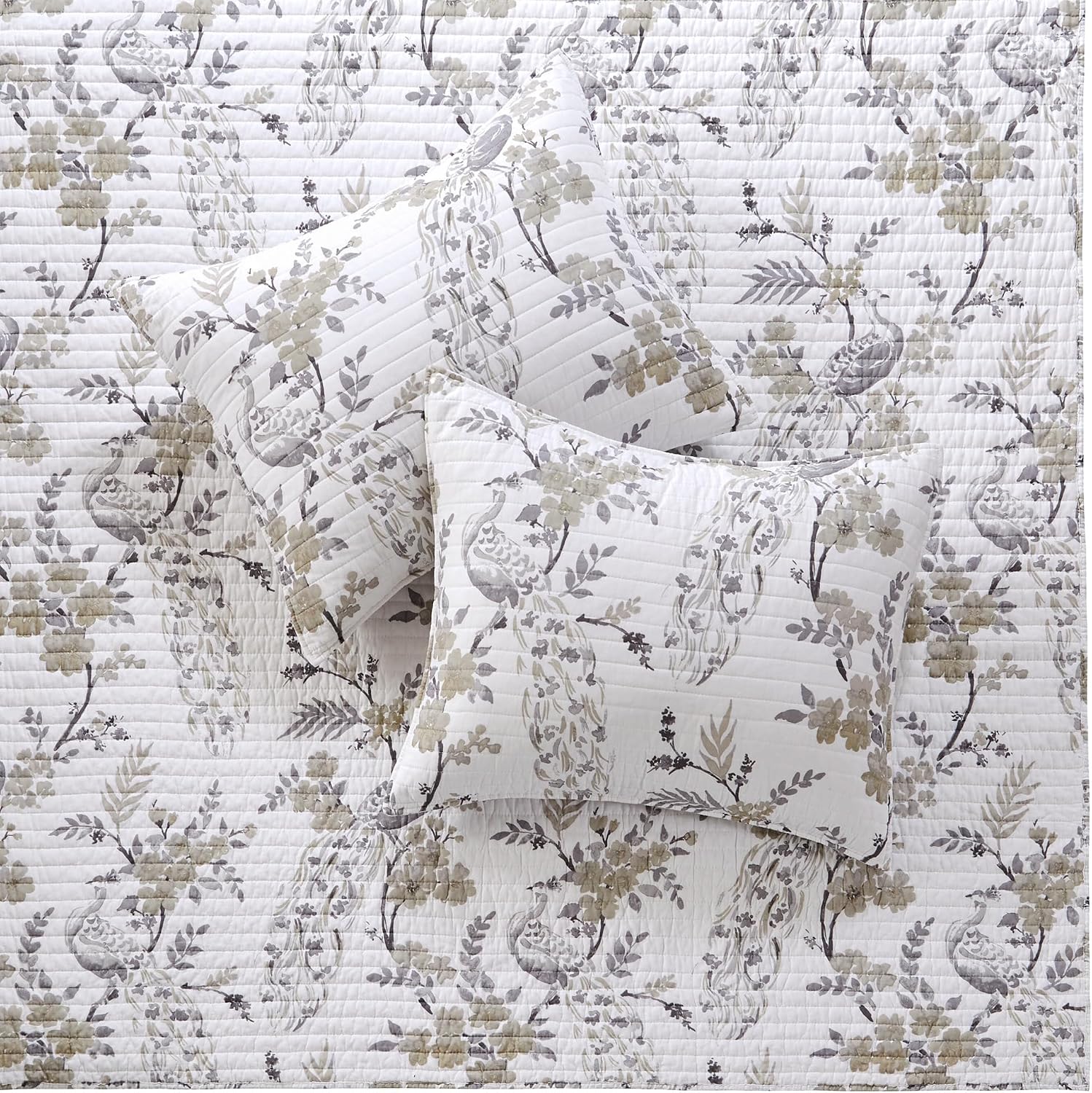 Levtex Home Pisa Reversible Queen Bedspread Set (110x106in) with 2 Pillow Shams (26x20in) - Floral Peacock - Grey, Taupe - Cotton Queen Size Bedspread Set - Lightweight, Soft, Pre-Washed