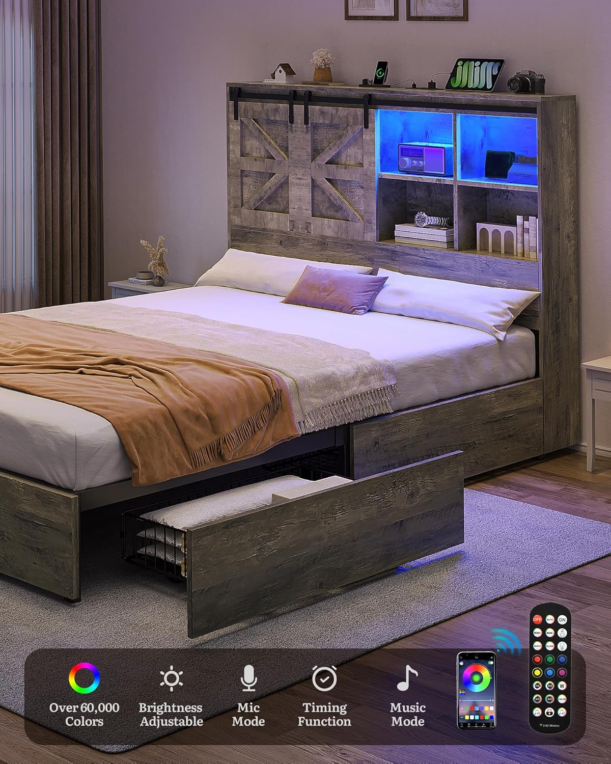 DWVO Farmhouse Queen Size Bed with 50' Tall Storage Bookcase Headboard, Sliding Barn Door, 4 Storage Drawers, RGB LED Bed Frame w/Type-C&USB Charging Station, No Box Spring Needed, Antique Grey
