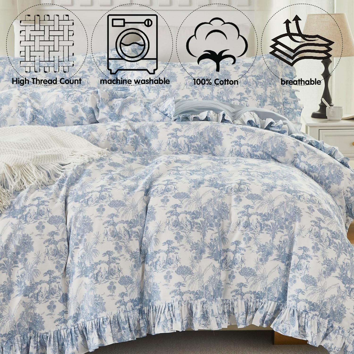 Brandream French Country Toile Duvet Cover Set Full Size for Girl Women 100% Cotton Luxury Cottagecore Bedroom Decor Blue French Toile Botanical Print Bedding with Romantic Ruffled Trim