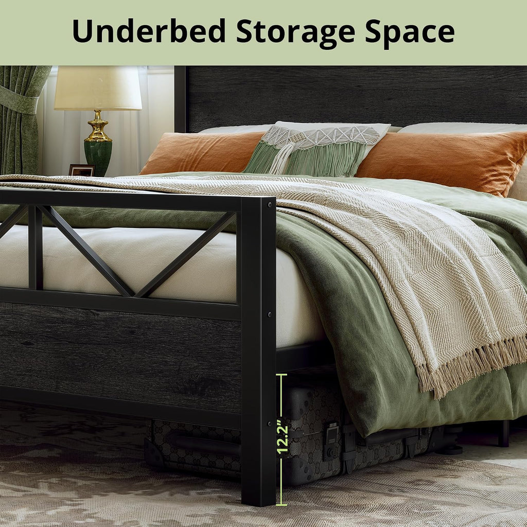 LIKIMIO King Bed Frame, Tall Industrial Headboard 51.2 ', Platform Bed Frame with Strong Metal Support, Solid and Stable, Noise Free, No Box Spring Needed, Easy Assembly, Charcoal Grey