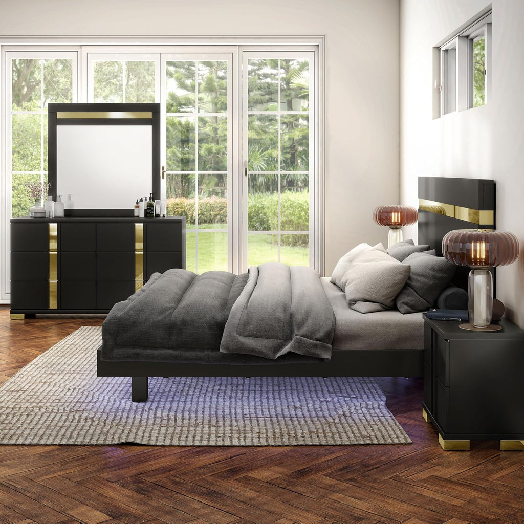 Furniture of America Ansten Modern Wood 5-Piece Platform Bedroom Set with Gold Trim, Underbed LED, Dust Proof Cases, Bracketed Metal Legs, No Box Spring Needed, Full, Black