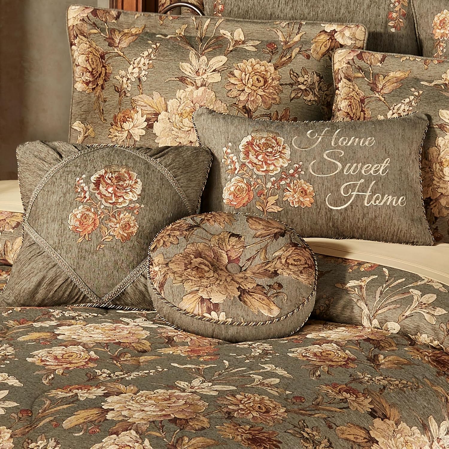 Rhapsody Floral Luxury Bedding | 6 Piece Oversized Bedspread Set: Cal King Bedspread, 2 King Shams, Round Pillow, 18' Square Pillow, Rectangle Pillow | Sophisticated | Flower | Woven | Traditional