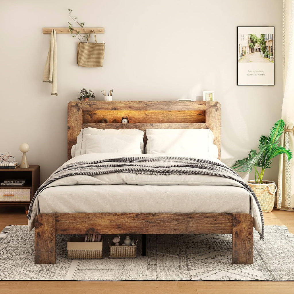 Bellemave Rustic Vintage Full Size Bed Frame with Bookshelves,Storage Headboard and Charging Station,Wooden Platform Bed Frame Full Size with LED Lights and Wood Slats,Easy Assembly,Dark Brown
