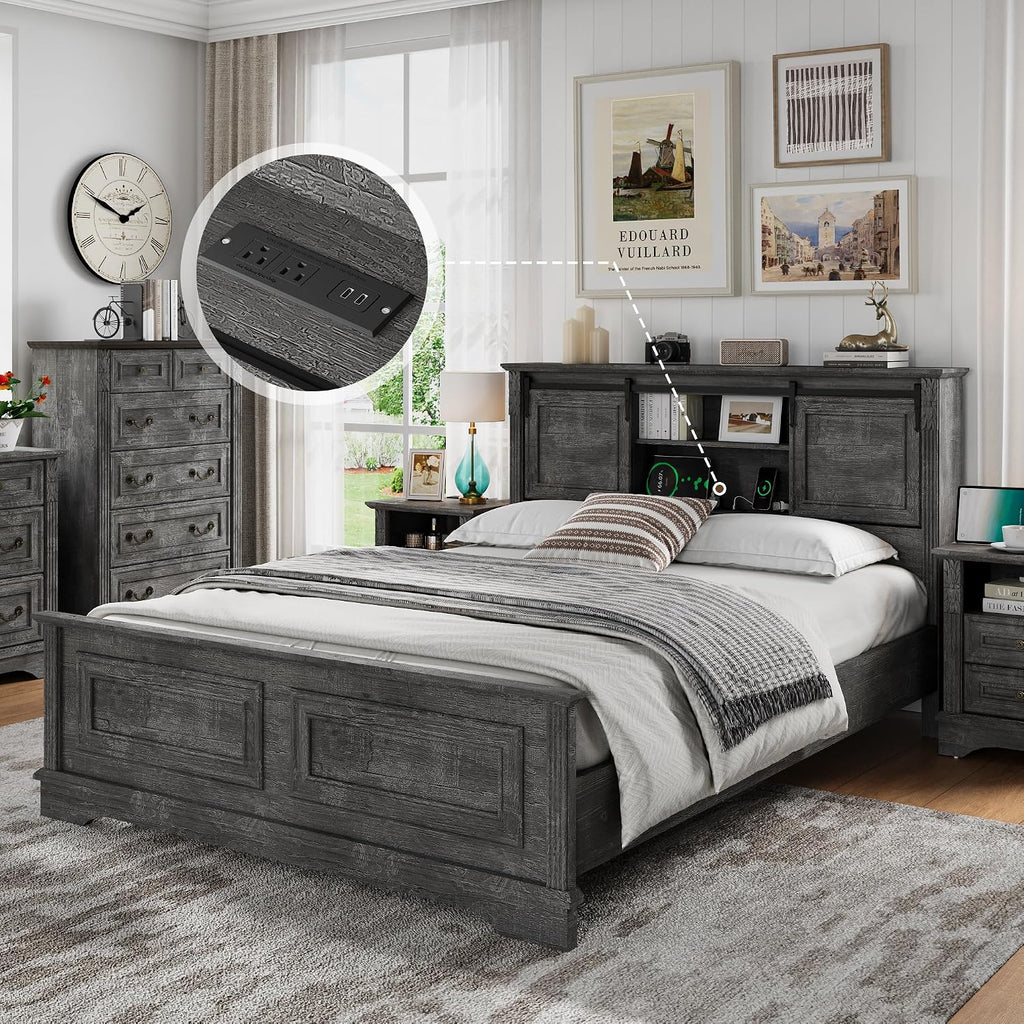 BLANKSPACE Queen Size Bed Frame with Storage Headboard, Charging Station, Farmhouse Bed Frame with Wood Bookcase and Sliding Barn Doors, Noiseless,No Box Spring Needed (Grey)