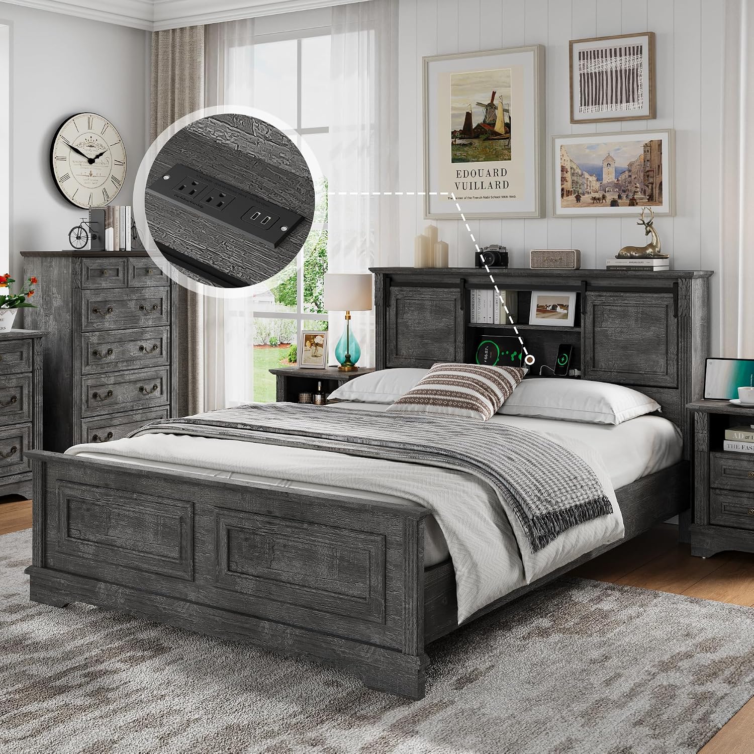 BLANKSPACE Queen Size Bed Frame with Storage Headboard, Charging Station, Farmhouse Bed Frame with Wood Bookcase and Sliding Barn Doors, Noiseless,No Box Spring Needed (Grey)