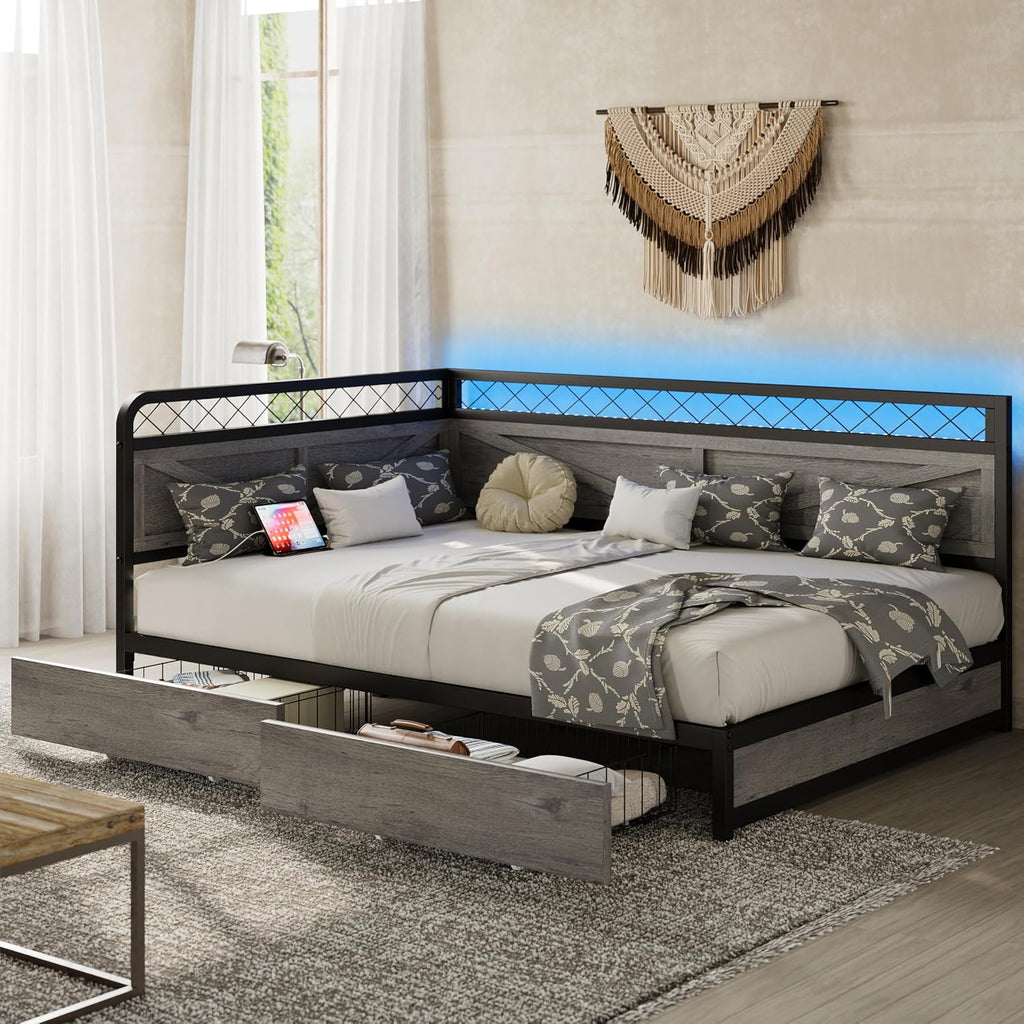 ANCTOR Full Corner Bed Frame with Storage Drawers, Daybed with LED Lights and Charging Station, No Box Spring Needed, Heavy Duty, Easy Assembly for Living Room, Bedroom and Guest Room, Grey | Heavy Duty Bed