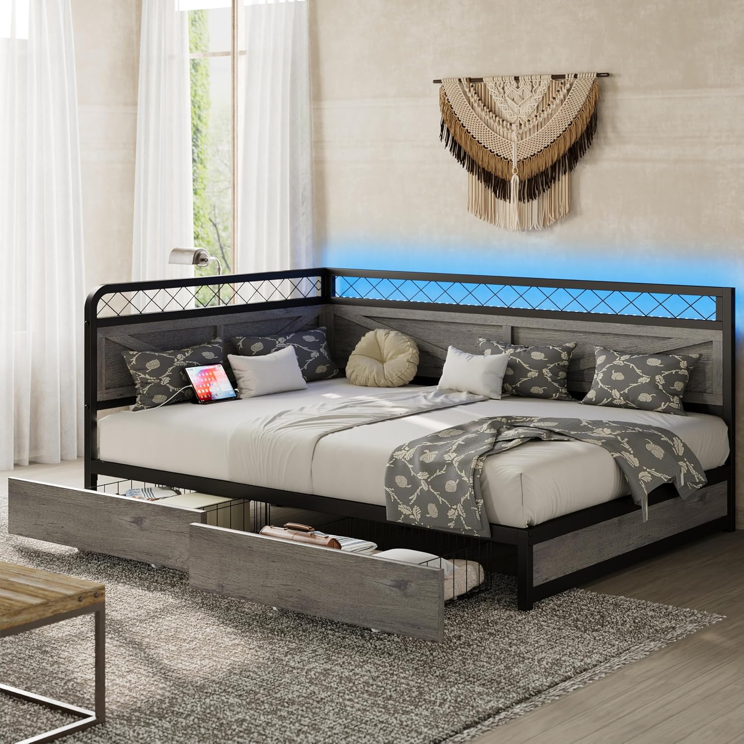 ANCTOR Full Corner Bed Frame with Storage Drawers, Daybed with LED Lights and Charging Station, No Box Spring Needed, Heavy Duty, Easy Assembly for Living Room, Bedroom and Guest Room, Grey | Heavy Duty Bed