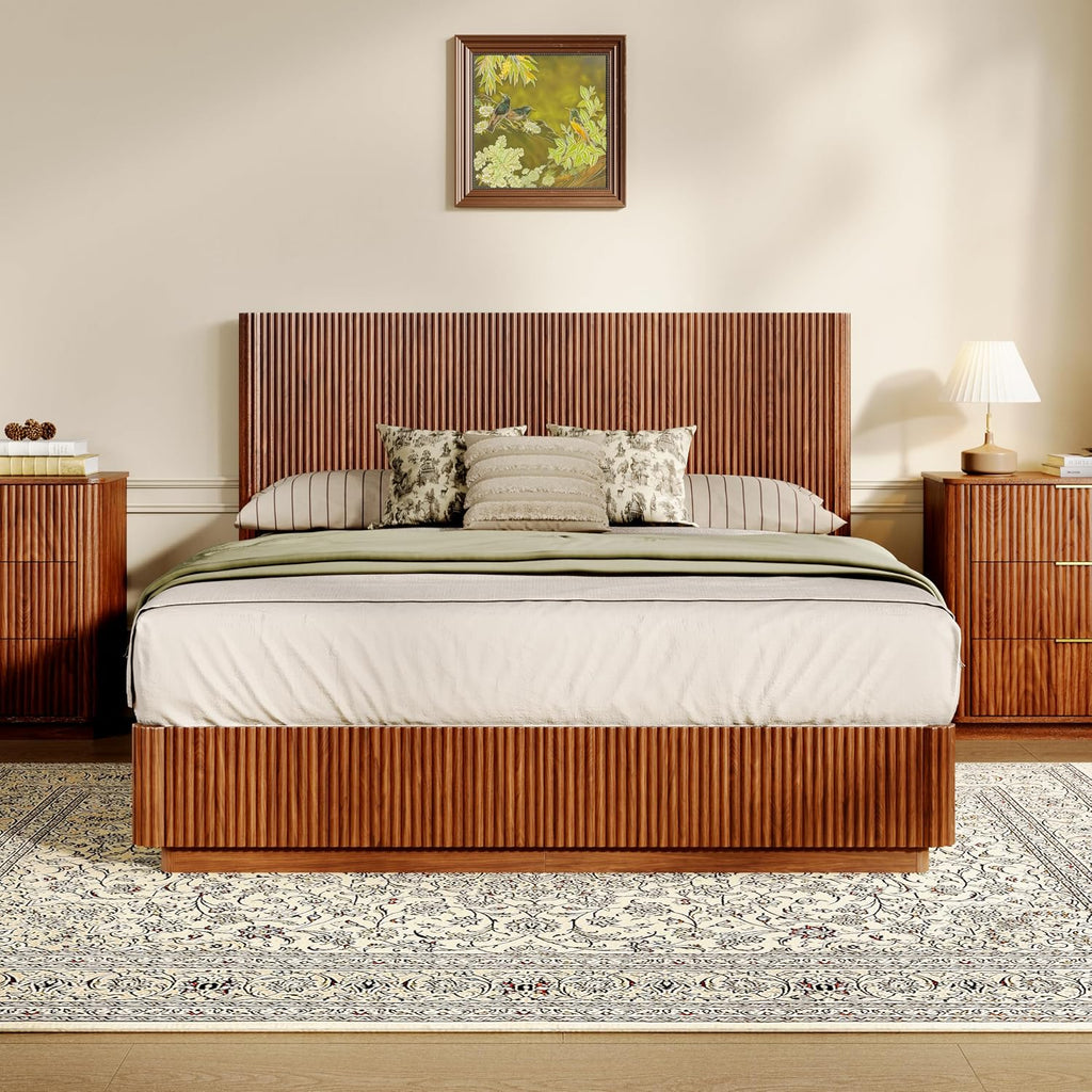 ivoros Mid Century Modern Bed Frame Queen Size, Fluted Platform Bed Frame with Headboard, Wood and Steel Platform Beds with LED Lights, Heavy Metal Frame Support, No Box Spring Needed, Walnut