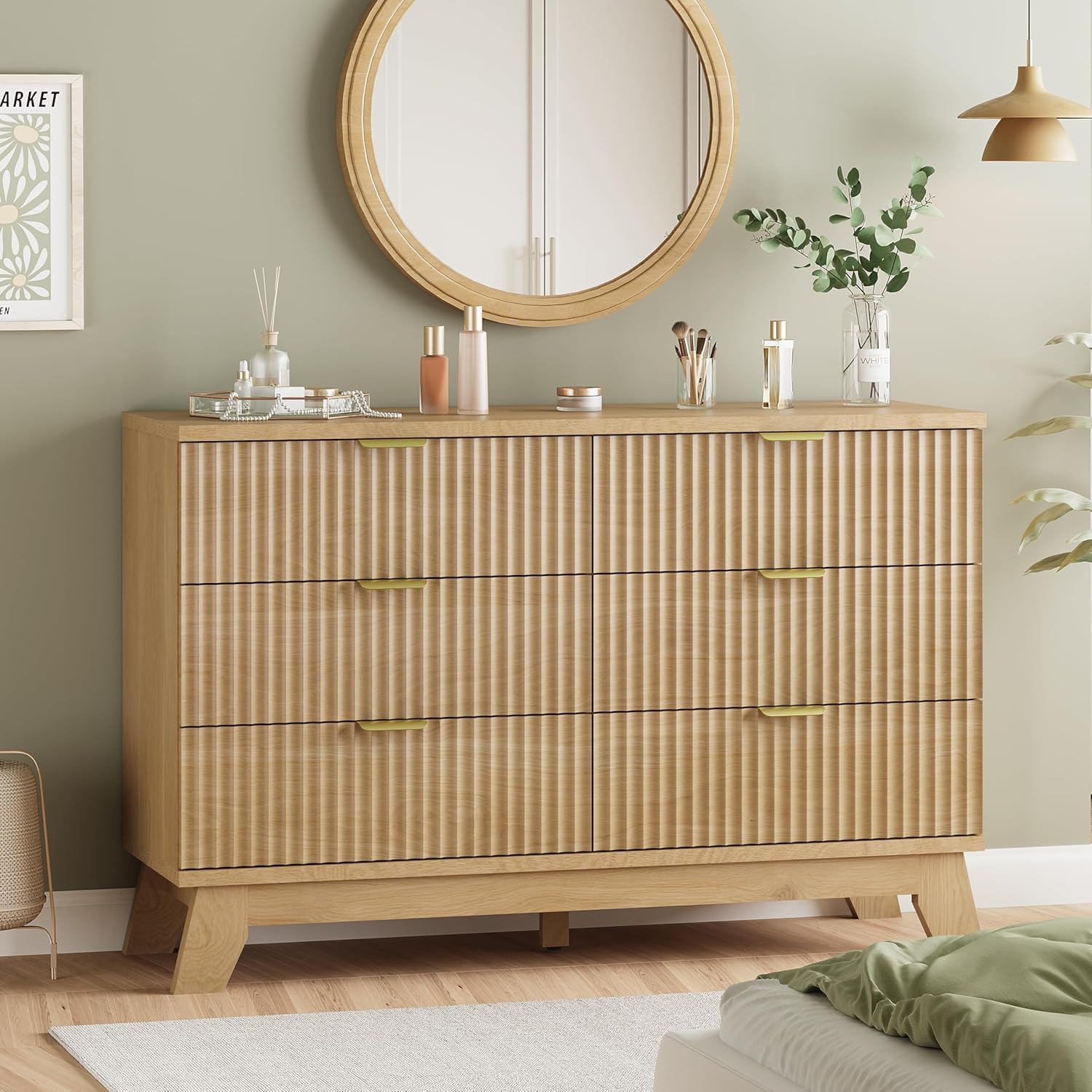 Fluted Dresser for Bedroom with 6 Drawers, 48' Wide Modern Chest of Drawers with Metal Handle, Wooden Dresser TV Stand, Wood Closet Clothes Storage Organizer for Living Room, Hallway, Natural Oak