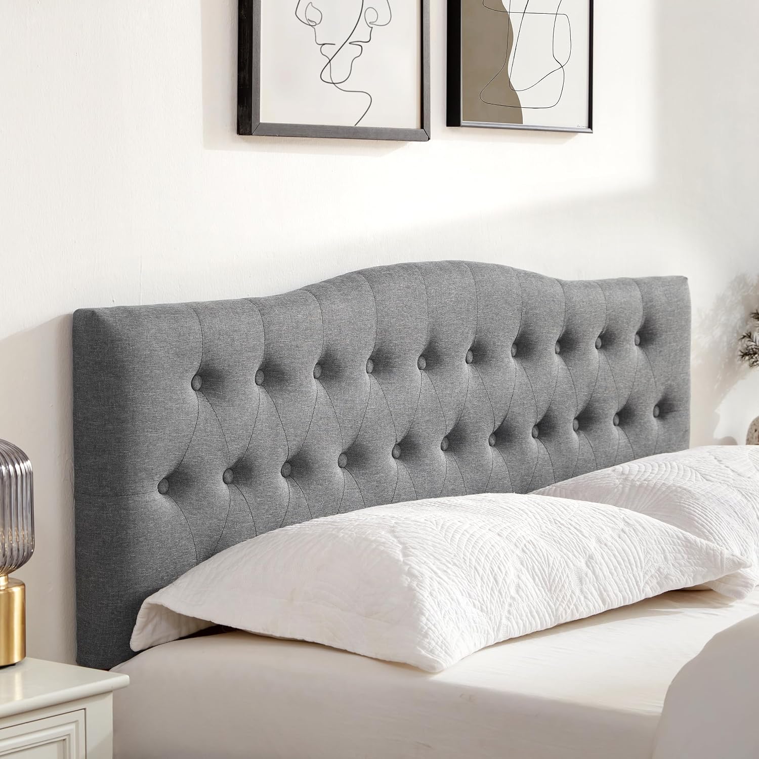 Huatean Home Tufted Upholstered Headboard King Size, Sturdy and Durable Solid Wood Bed headboard, Fabric Headboard Adjustable Height from 37' to 51', Modern Button Diamond Design Head Board, Grey
