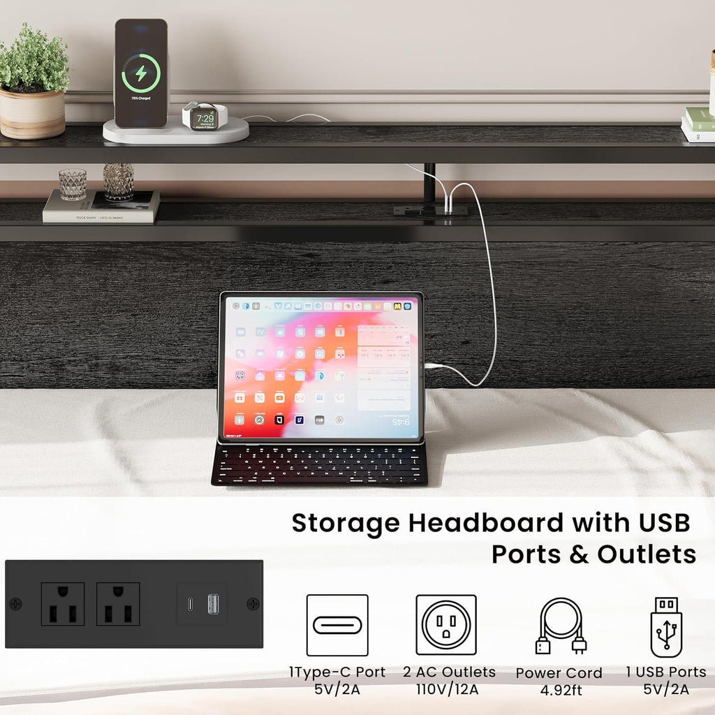 LIKIMIO King Size Bed Frame with 4 Storage Drawers, 2-Tier Storage Headboard with Charging Station, Double Bed Frame King Size for Bedroom, No Box Spring Needed, Easy Assembly, Charcoal Grey
