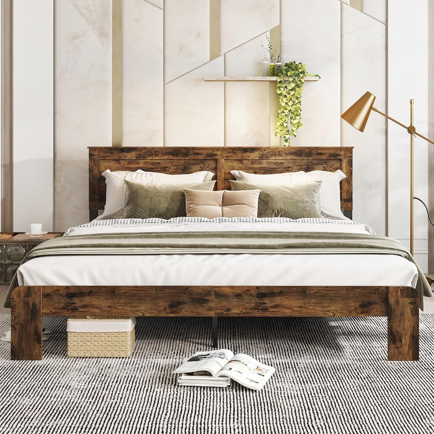 Bellemave Rustic Vintage King Size Bed Frame with Headboard,Wooden Platform Bed Frame King Size with Wood Slats,Easy Assembly,Dark Brown