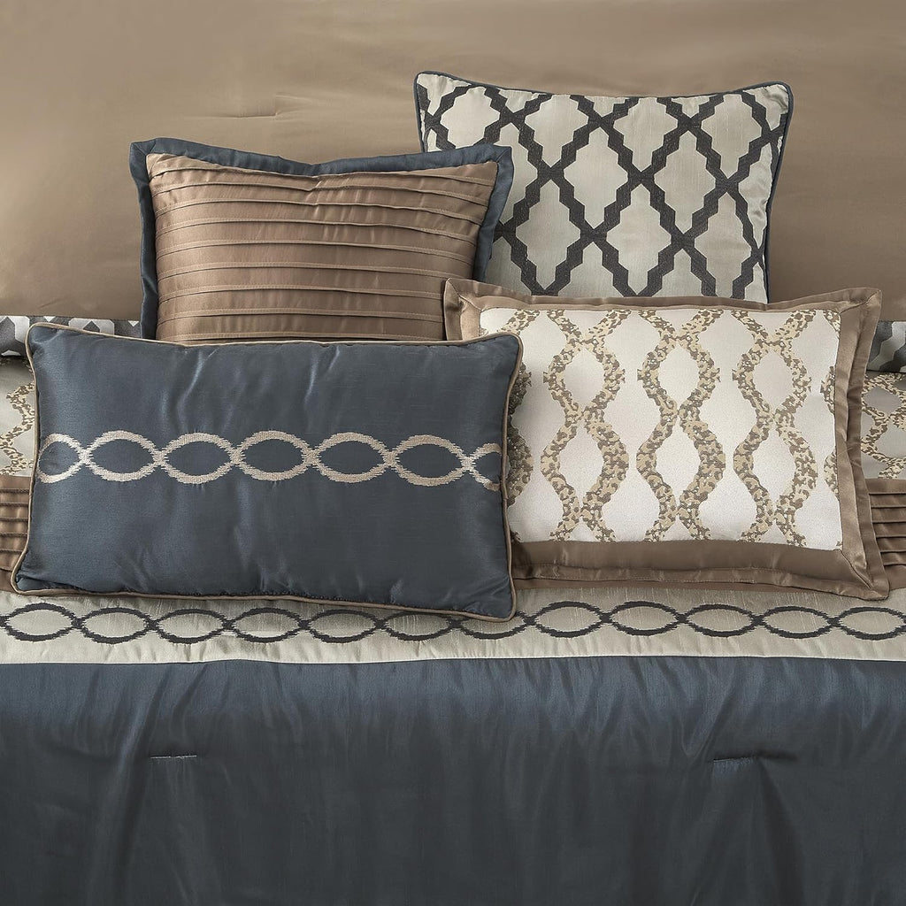 LANCO MODERN LIFESTYLE California King Comforter Set, Grey Brown, 10 Piece Bed in a Bag for All Seasons, Luxury Extreme Comfort Bedding Sets with Bedskirt, Pillow Shams, Euro Shams and Decor Pillows