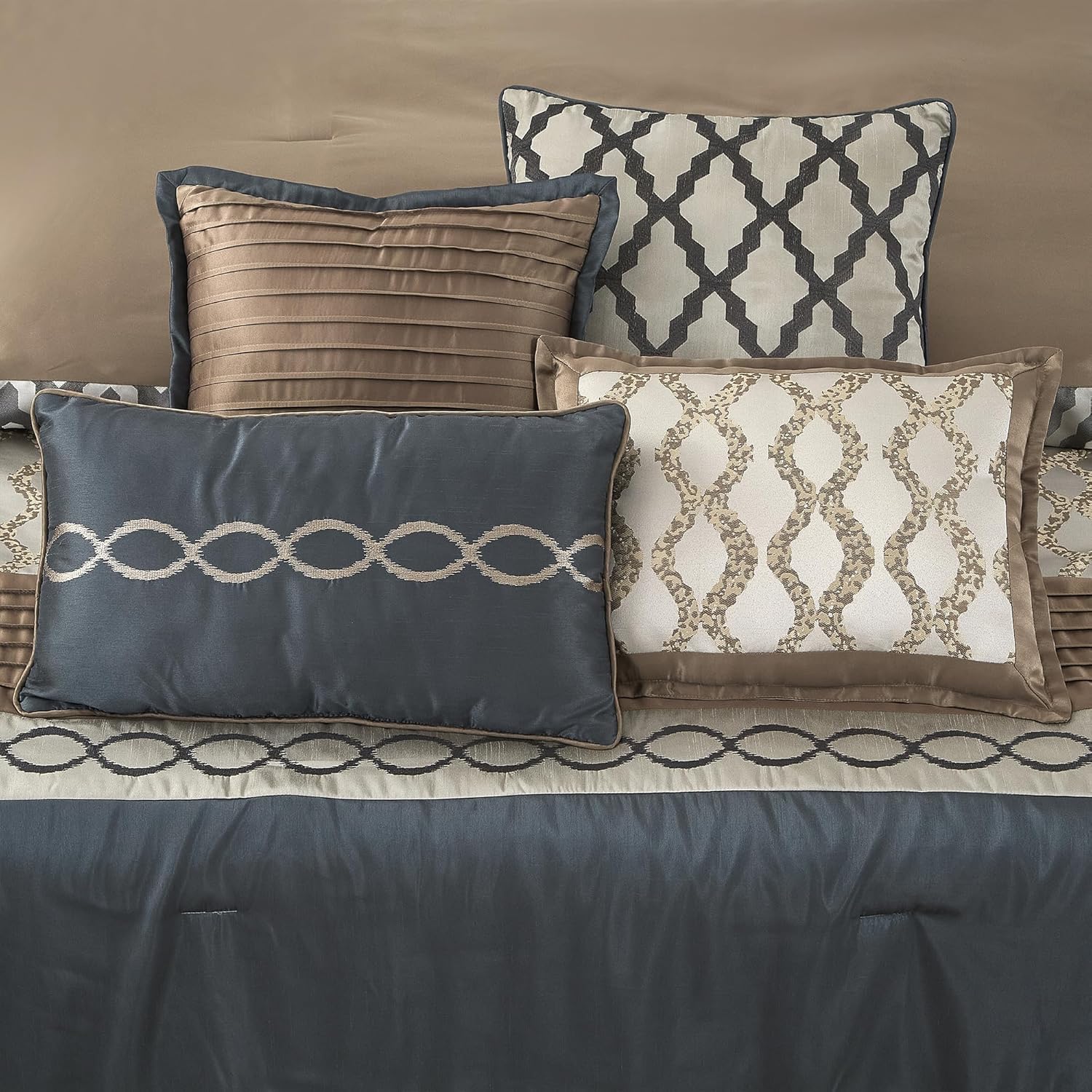 LANCO MODERN LIFESTYLE California King Comforter Set, Grey Brown, 10 Piece Bed in a Bag for All Seasons, Luxury Extreme Comfort Bedding Sets with Bedskirt, Pillow Shams, Euro Shams and Decor Pillows