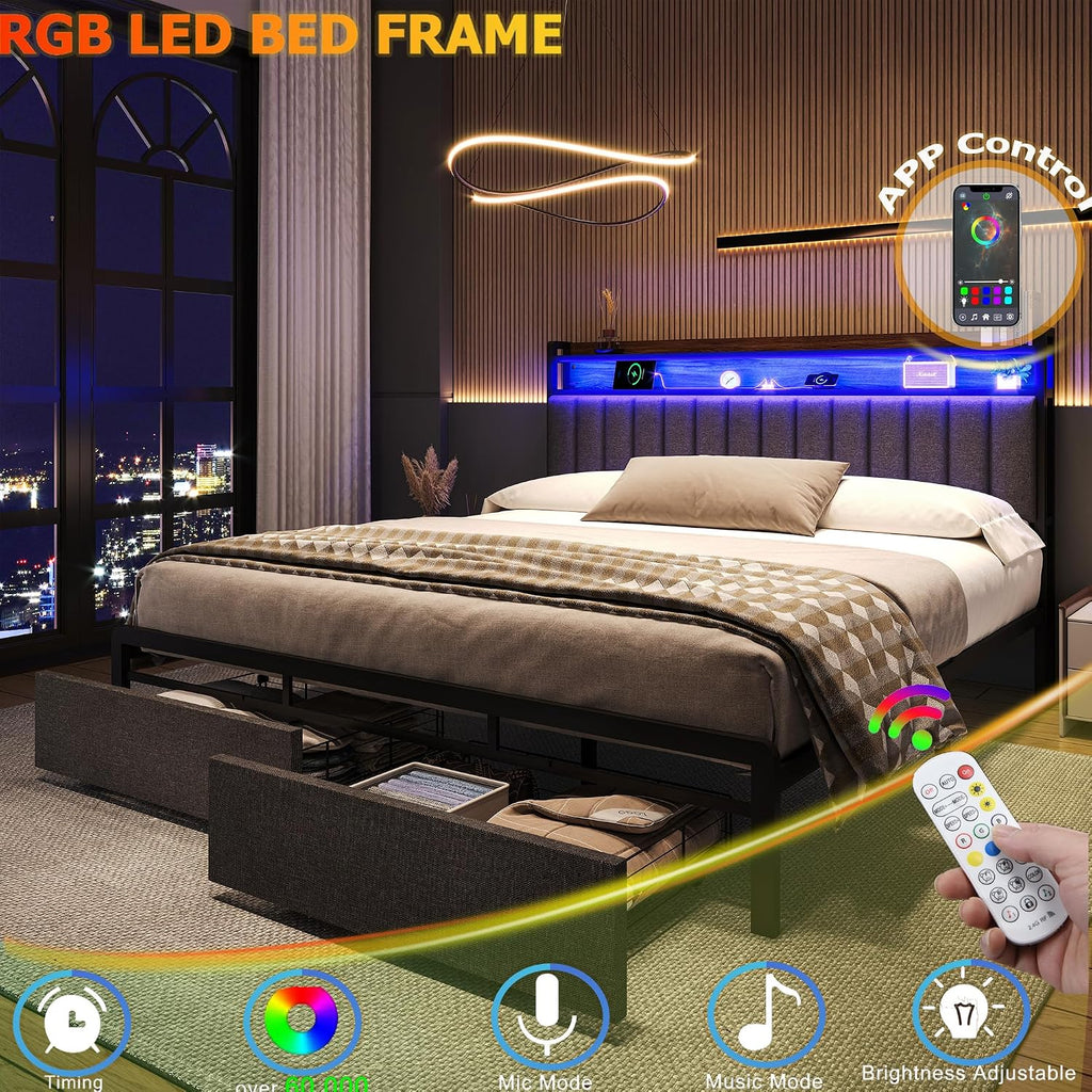 Ailisite Upholstered Full Size Bed Frames with 2 Tier Storage Headboard, LED Bed Frame with 2 Storage Drawers, Grey Platform Bed Frame with Charging Station & Typ-C Charging Port, No Box Spring Needed