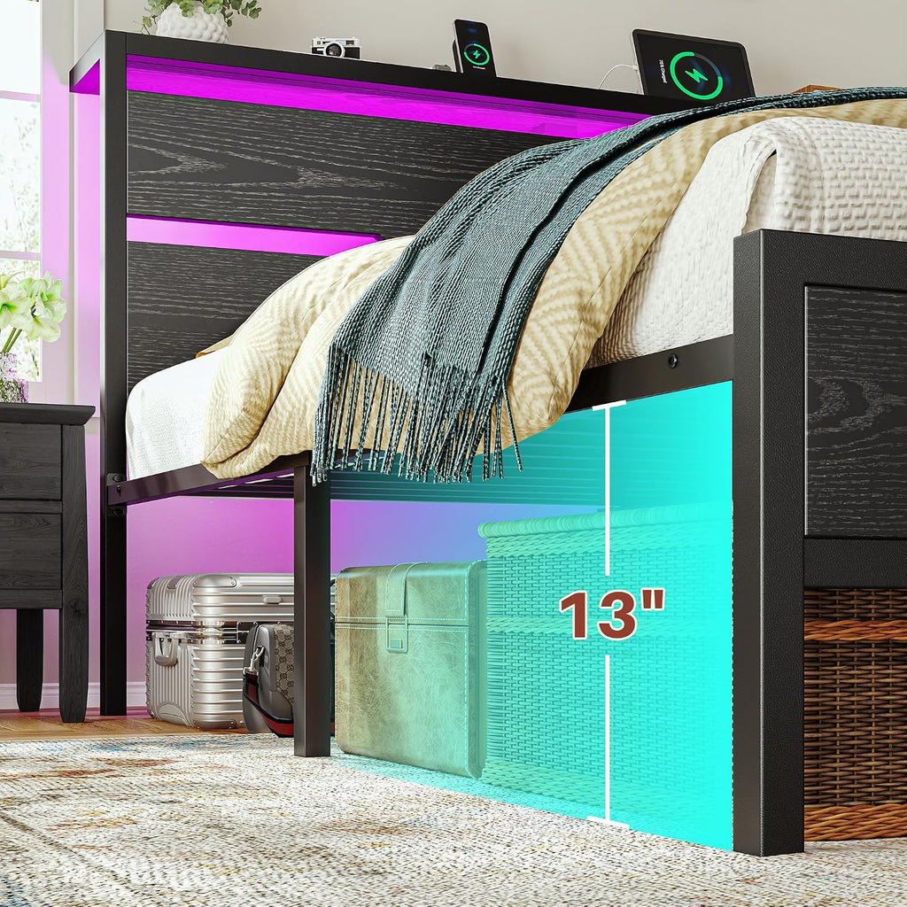 Homkdom Full Size Bed Frame with LED Lights & Charging Station, Industrial Metal Platform Bed with 13' Large Under-Bed Storage, Heavy Duty Slats,Noise-Free, No Box Spring Needed, Modern Black