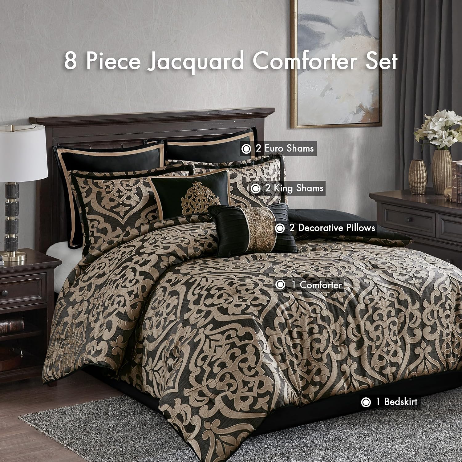 Madison Park Queen Comforter Set Damask Medallion Jacquard Comforters Queen Size Bed, Overfilled All Season Queen Bed Set, Bed Skirt, Shams, Decor Pillows, Odette, Queen(90 in x 90 in), Black 8 Piece