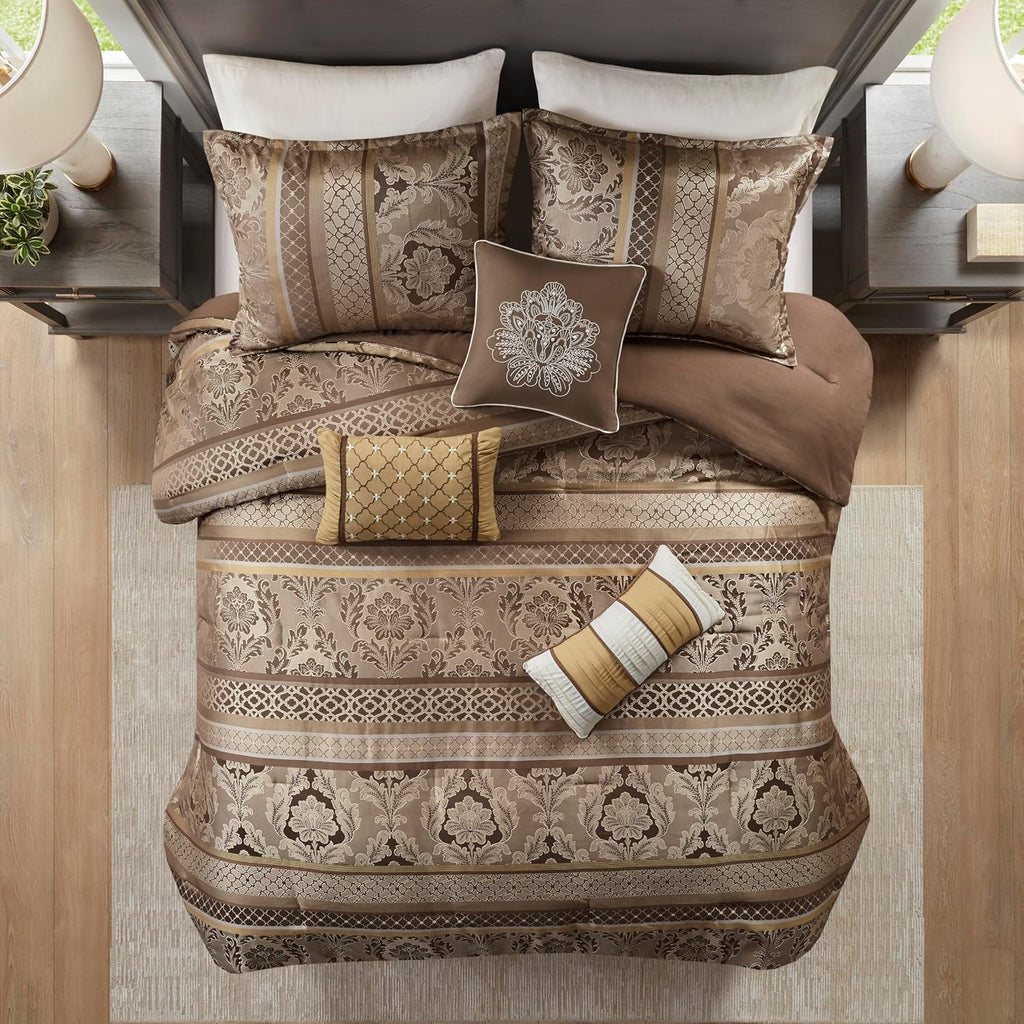Madison Park Cozy Comforter Set - Luxurious Jaquard Traditional Damask Design, All Season Down Alternative Bedding with Matching Shams, Decorative Pillow Bellagio Brown/Gold Cal King(104'x92') 7 Piece