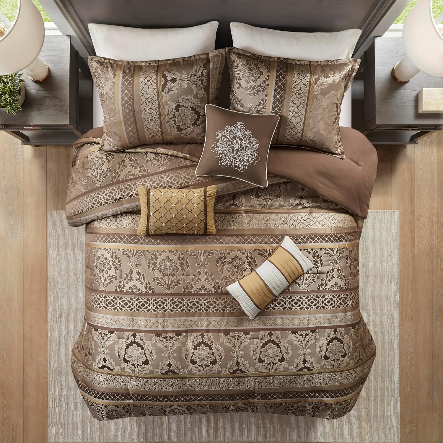 Madison Park Cozy Comforter Set - Luxurious Jaquard Traditional Damask Design, All Season Down Alternative Bedding with Matching Shams, Decorative Pillow Bellagio Brown/Gold Cal King(104'x92') 7 Piece