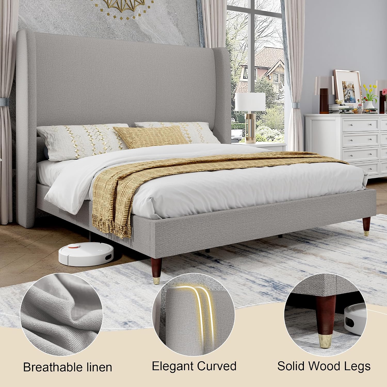 PaPaJet Full Size Bed Frame with 51.2' Wingback Headboard,Line Upholstered Platform Bed,Solid Wood Legs,No Box Spring Needed,Noise-Free&Easy Assembly,for Teen Girls, Dorm, Small Bedroom,Light Grey