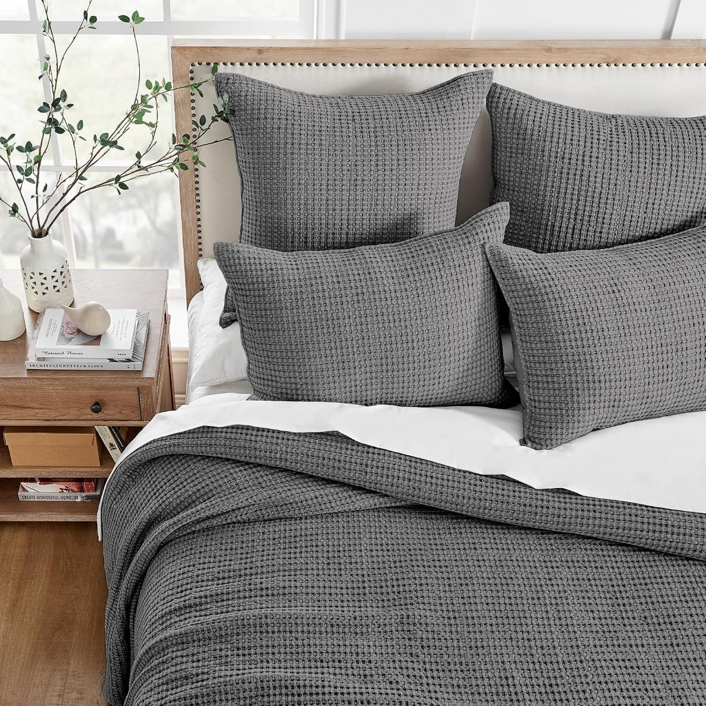 Levtex Home Mills Waffle King/Cal King Quilt Set (106x92in) with 2 Pillow Shams (36x20in) - Charcoal - 100% Cotton King Size Quilt Bedding Set - Lightweight, Soft, Pre-Washed
