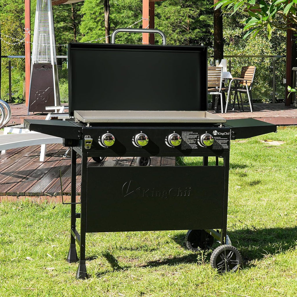 KingChii 32' 4-Burner Griddle with Integrated Protective Hood and Counter Height Side Shelves, Powder Coated Steel, for Breakfast, BBQ & Grilling w/Steel Cooking Surface,Black