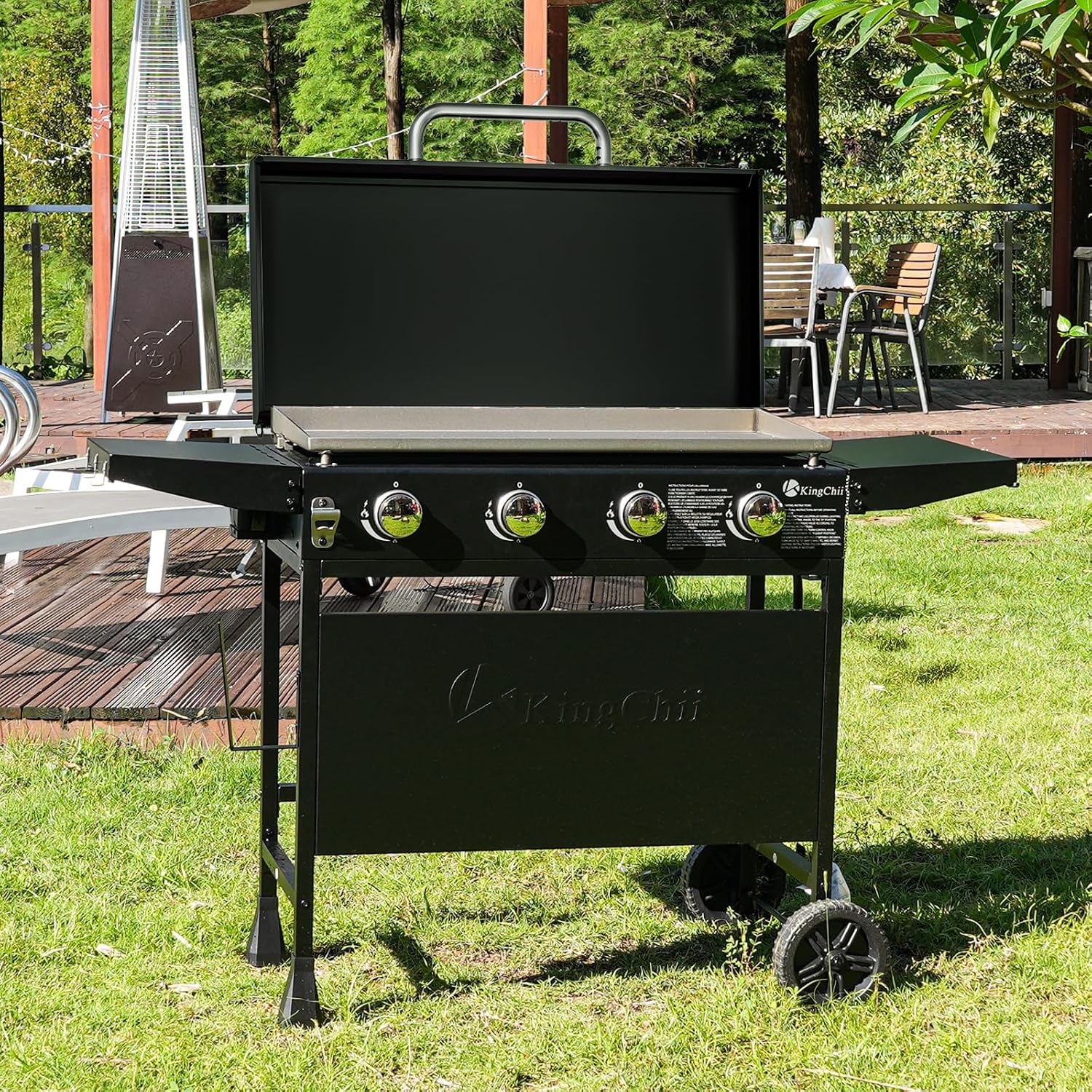 KingChii 32' 4-Burner Griddle with Integrated Protective Hood and Counter Height Side Shelves, Powder Coated Steel, for Breakfast, BBQ & Grilling w/Steel Cooking Surface,Black
