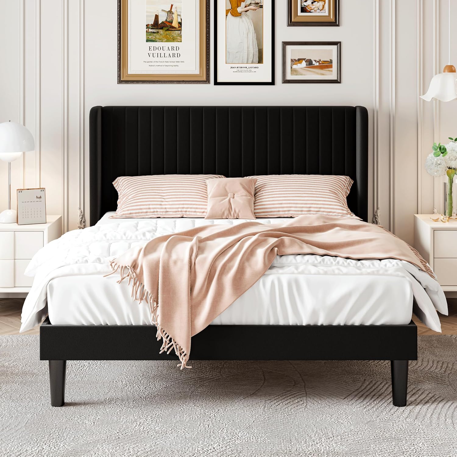 SHA CERLIN Full Size Velvet Bed Frame with Vertical Channel Tufted Wingback Headboard, Upholstered Platform Bed with Wood Slats, No Box Spring Needed, Easy Assembly, Black