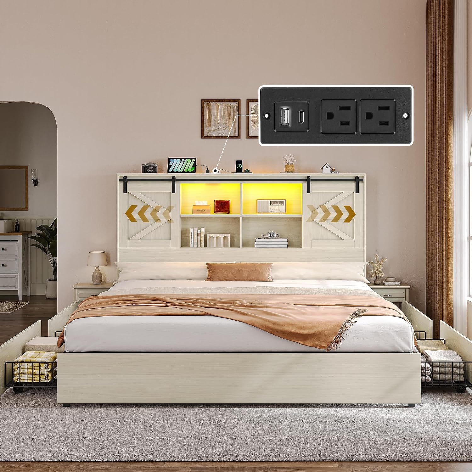 DWVO Farmhouse King Size Bed with 50' Tall Storage Bookcase Headboard, Sliding Barn Door, 4 Storage Drawers, RGB LED Bed Frame w/Type-C&USB Charging Station, No Box Spring Needed, Antique White
