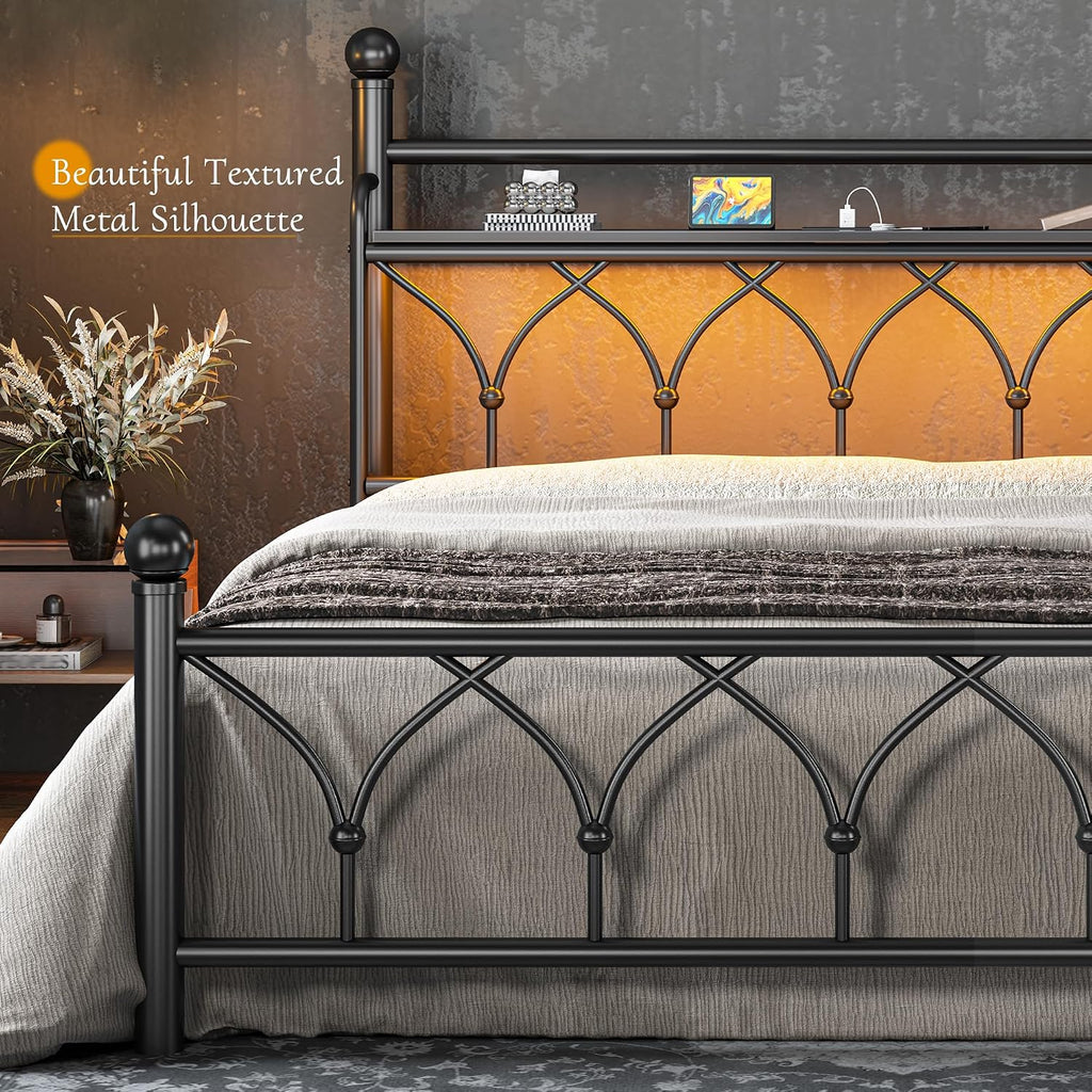 EnHomee Full Bed Frame with Vintage Headboard, Metal Victorian Style Full Size Bed Frame with Storage, LED Lights,Power Outlets, Sturdy & Easy Assembly, Noise-Free, No Box Spring Needed,Black
