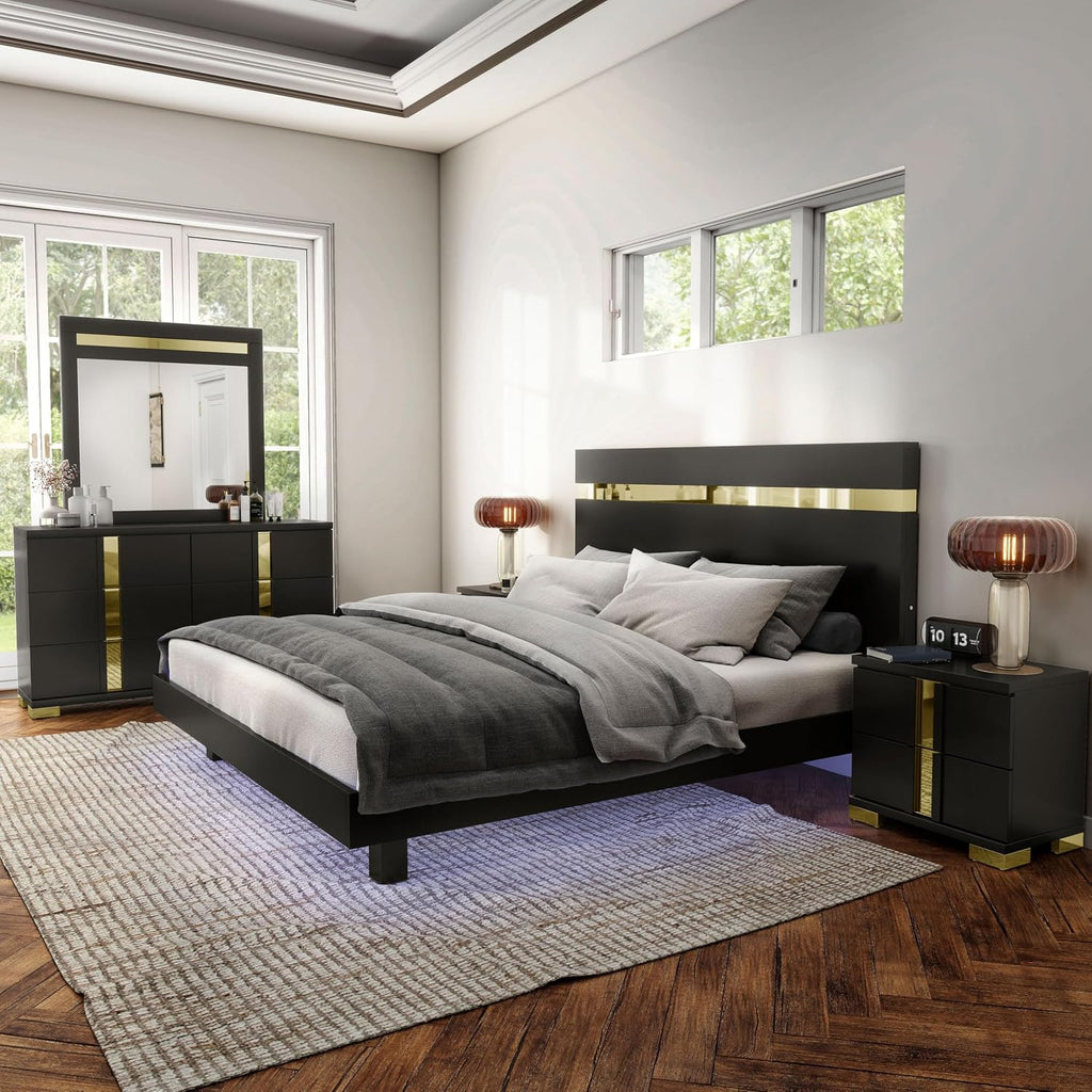 Furniture of America Ansten Modern Wood 5-Piece Platform Bedroom Set with Gold Trim, Underbed LED, Dust Proof Cases, Bracketed Metal Legs, No Box Spring Needed, Full, Black
