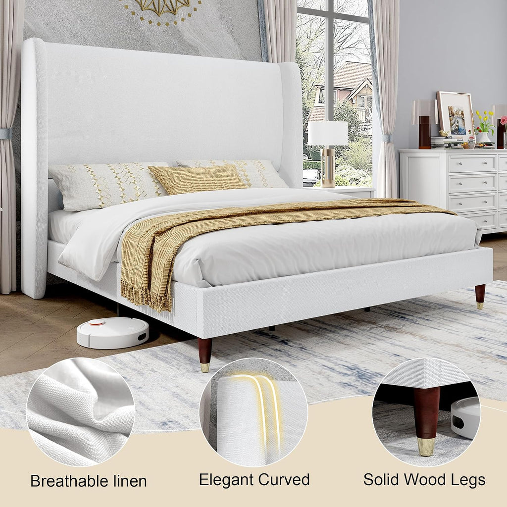 PaPaJet Full Size Bed Frame with 51.2' Wingback Headboard,Line Upholstered Platform Bed,Solid Wood Legs,No Box Spring Needed,Noise-Free&Easy Assembly,for Teen Girls, Dorm, Small Bedroom,White