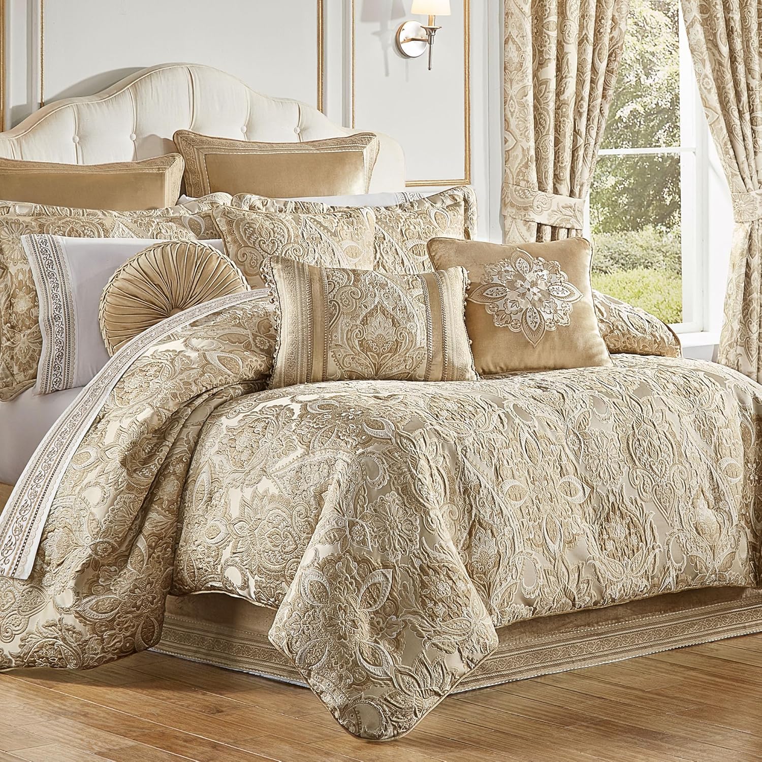 Albany Luxury Bedding | Soothing Neutral Tones of Champagne and Ivory | Jacobean Floral Inspired Damask, Medallions, and Soft Velvet | 4 Pc Bed Set: Queen Comforter, Bedskirt, and 2 Standard Shams