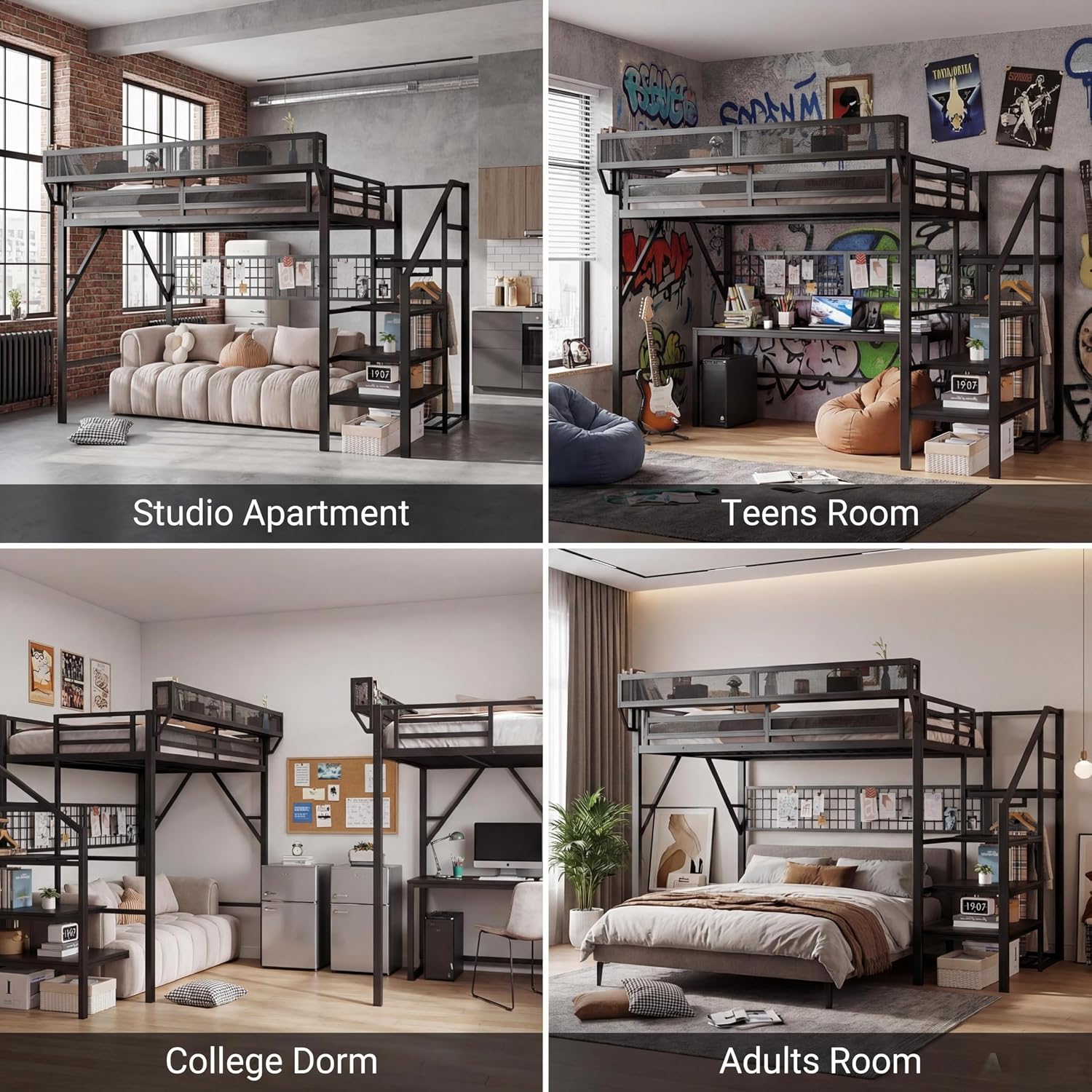 Queen Size Loft Bed with Stairs and LED Light, Metal Loft Bed Frame with Shelf for Adults, Tall Loft Beds with Storage Shelves and Wardrobe for Kids Boys Girls Teens, Convertible Staircase, Black
