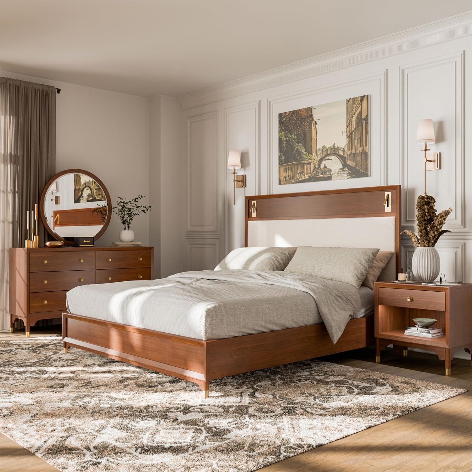 Furniture of America Forma Modern Solid Wood 4-Piece Bedroom Set with Upholstered Bed with LED Lights, Ball-Bearing Glide on Nightstand and Dresser with Mirror, No Box Spring Needed, King, Walnut