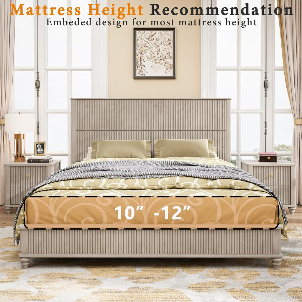 King Size Solid Wood Platform Bed Frame, Wood Platform Bed Frame with 79.13' Headboard, Solid Wood Leg/No Box Spring Needed/Noise Free/Beige