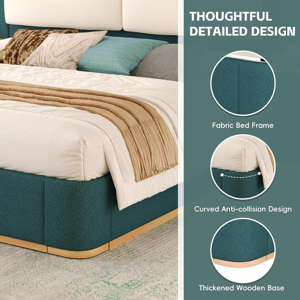Merax King Size Upholstered Platform Bed Frame with Large PU Leather Headboard and Bothside Shelves, Modern Bedroom Furniture & Solid Wood Slats Support, No Box Spring Needed, Easy Assembly, Green