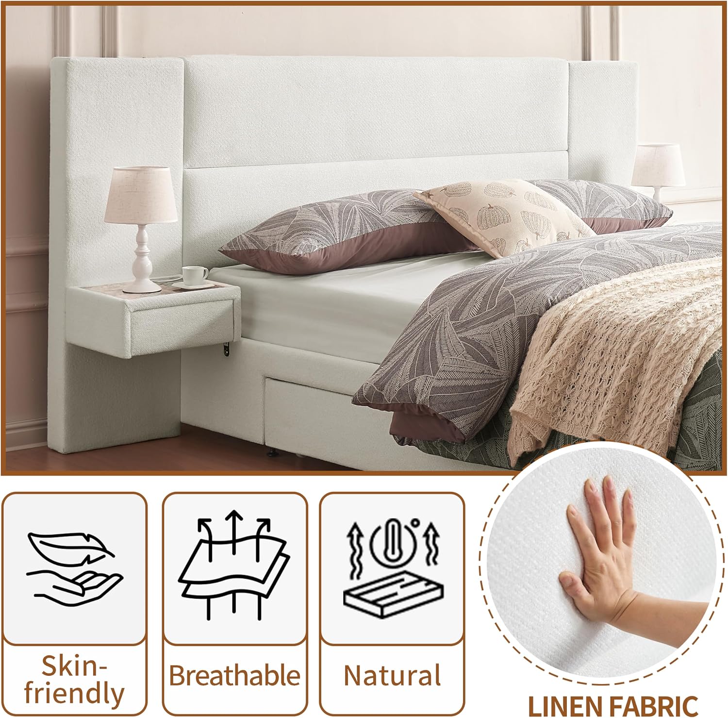 Queen Size Upholstered Platform Bed Frame with 2 Side Storage Drawers & Built-in Nightstands, Linen Headboard, Sturdy Metal Frame, Noise-Free, No Box Spring Needed, White