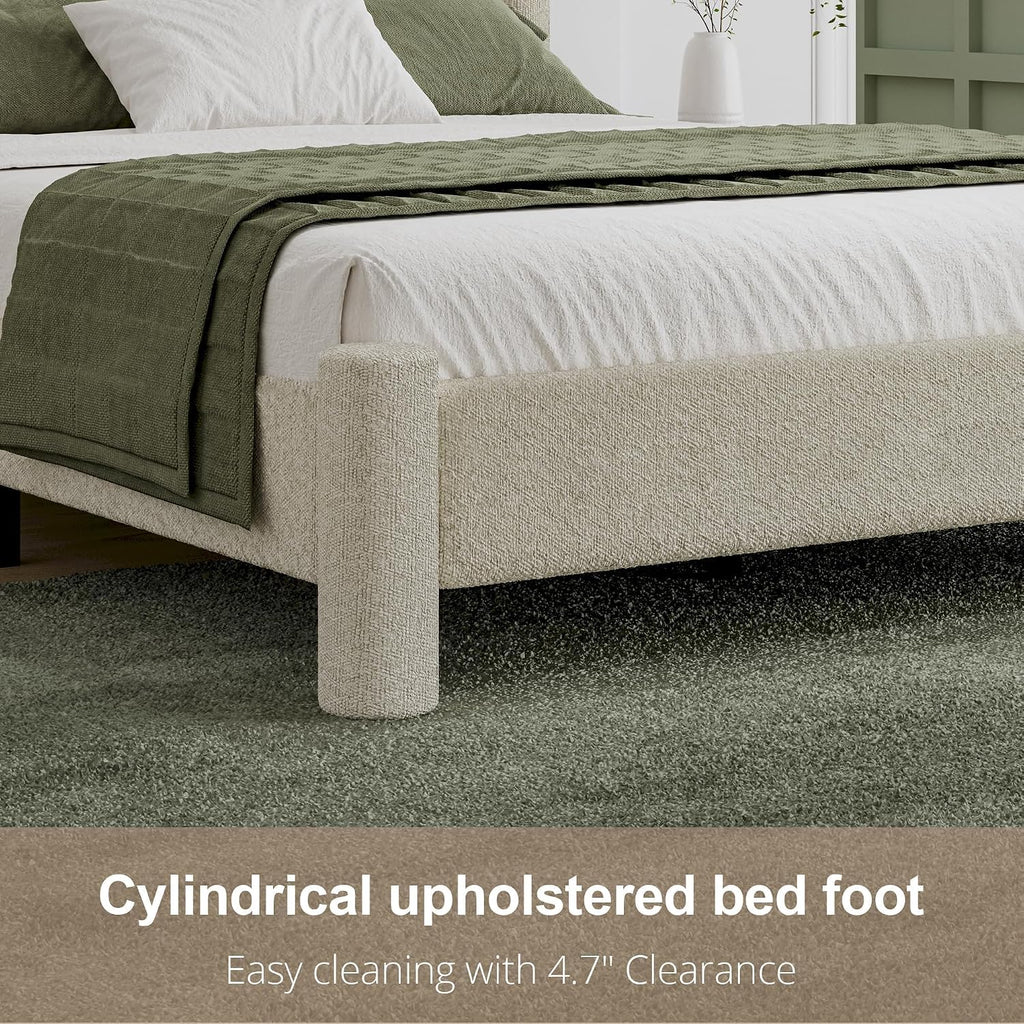 REVOMINCA King Size Bed Frame, Boucle Bed Frame with Headborad, Soft Upholstered Platform Bed Frame with Rounded Corners, No Box Spring Required, Easy Assembly, Cream