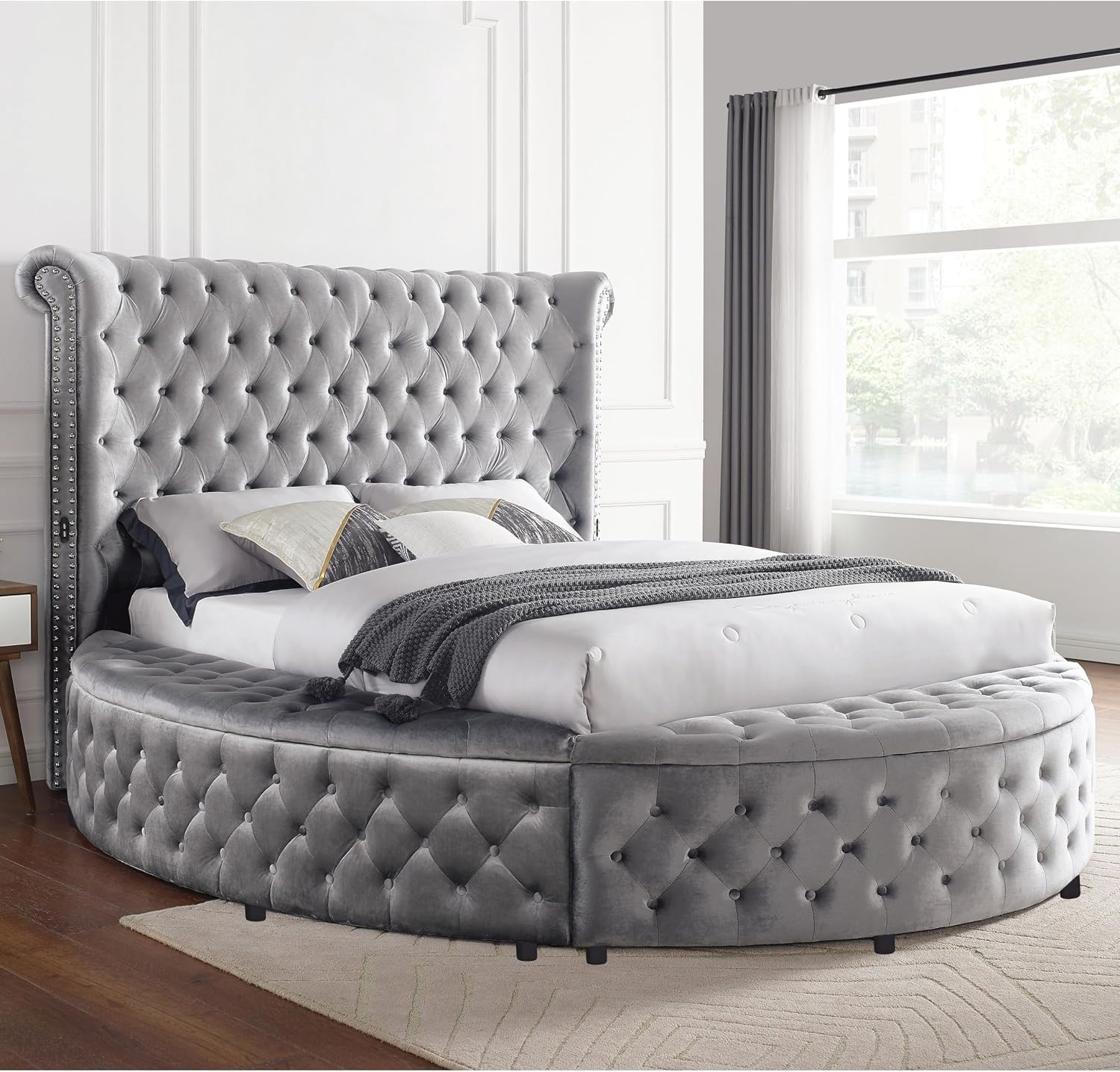 Furniture of America Rhodo Fabric Upholstered 3-Piece Bedroom Set, King Size Platform Bed and 2-Drawer Nightstands with USB Port, Button Tufted Headboard, No Box Spring Required, Gray