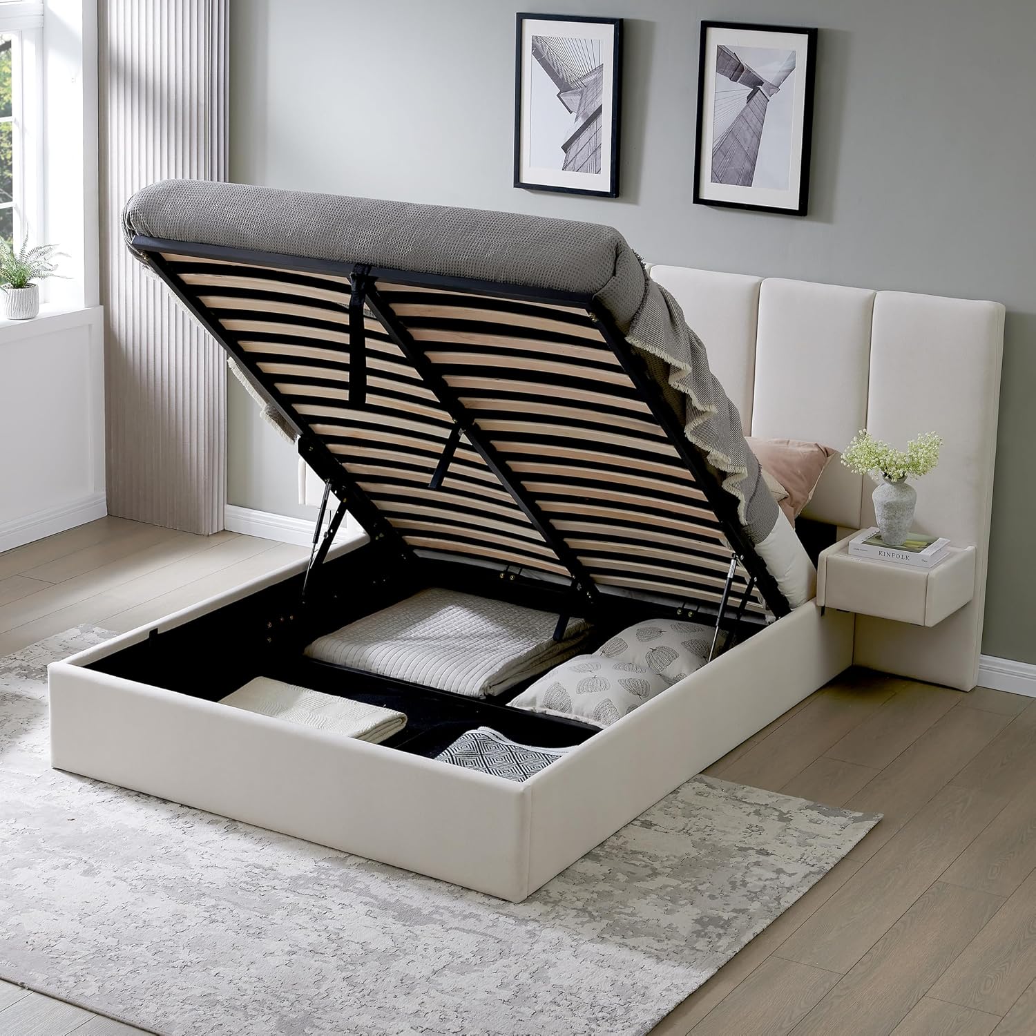 Queen Size Upholstered Platform Bed Frame with Lift-Up Storage, Velvet Headboard & Built-in Nightstands, No Box Spring Needed, Beige