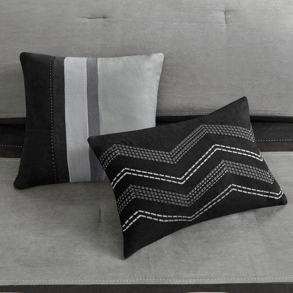 Madison Park Palisades Comforter Set Modern Faux Suede Pieced Stripe Design, All Season Down Alternative Cozy Bedding with Matching Shams, Decorative Pillows, King(104'x92'), Black 7 Piece